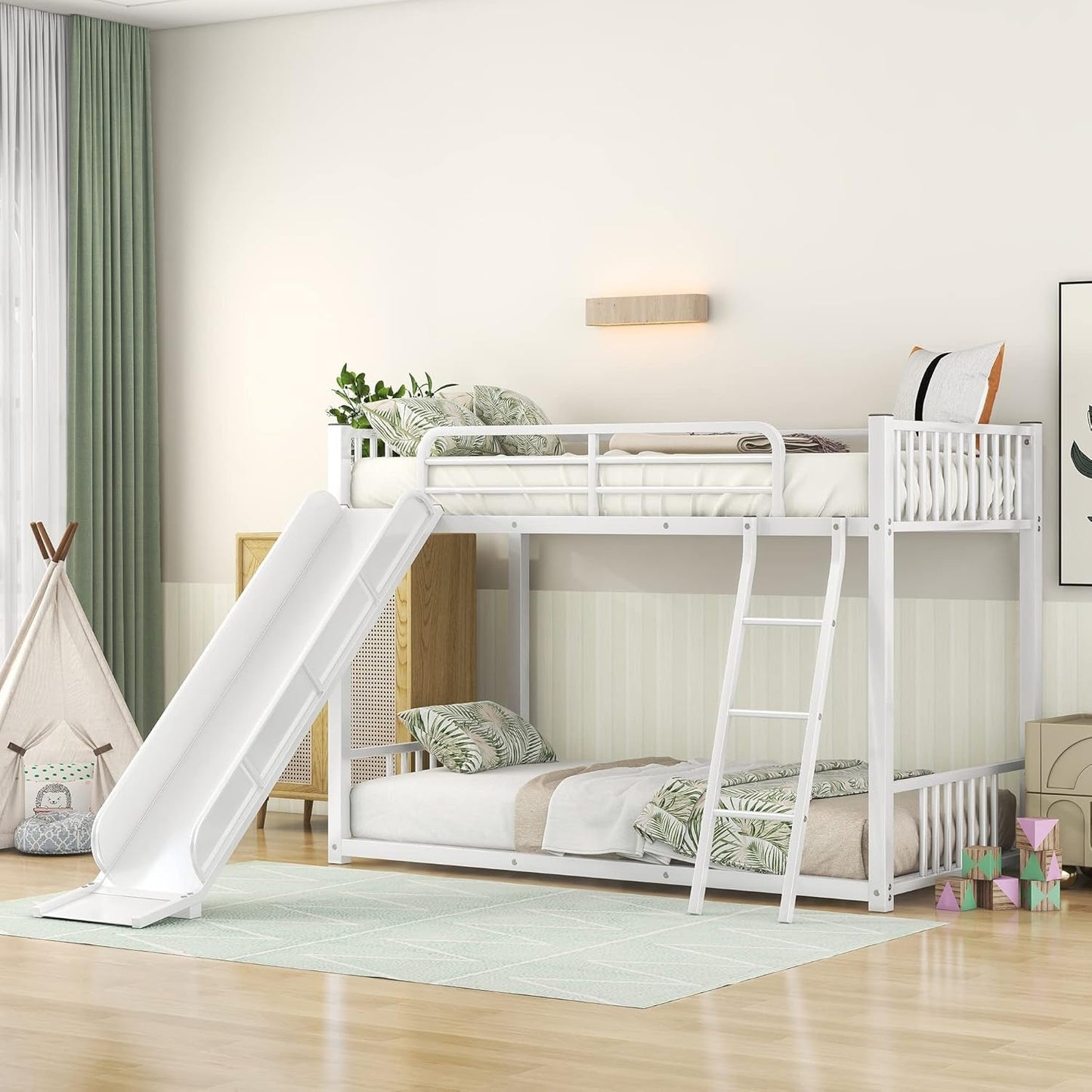 Bunk Bed with Slide, Metal Twin over Twin Bunk Bed with Slide and Ladder, Made of Heavy Duty Steel, for Kids Girls Boys Teens – White-2