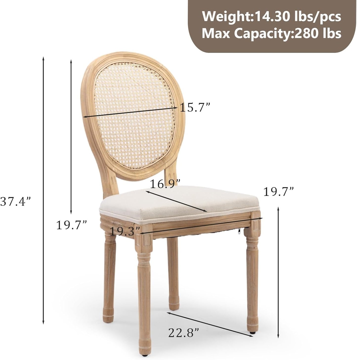 Rattan Back Upholstered Dining Chairs Set of 6 French Country Oval Kitchen Side Chairs with Wood Legs for Dining Room, Kitchen, Restaurant(Beige-Rattan)-2