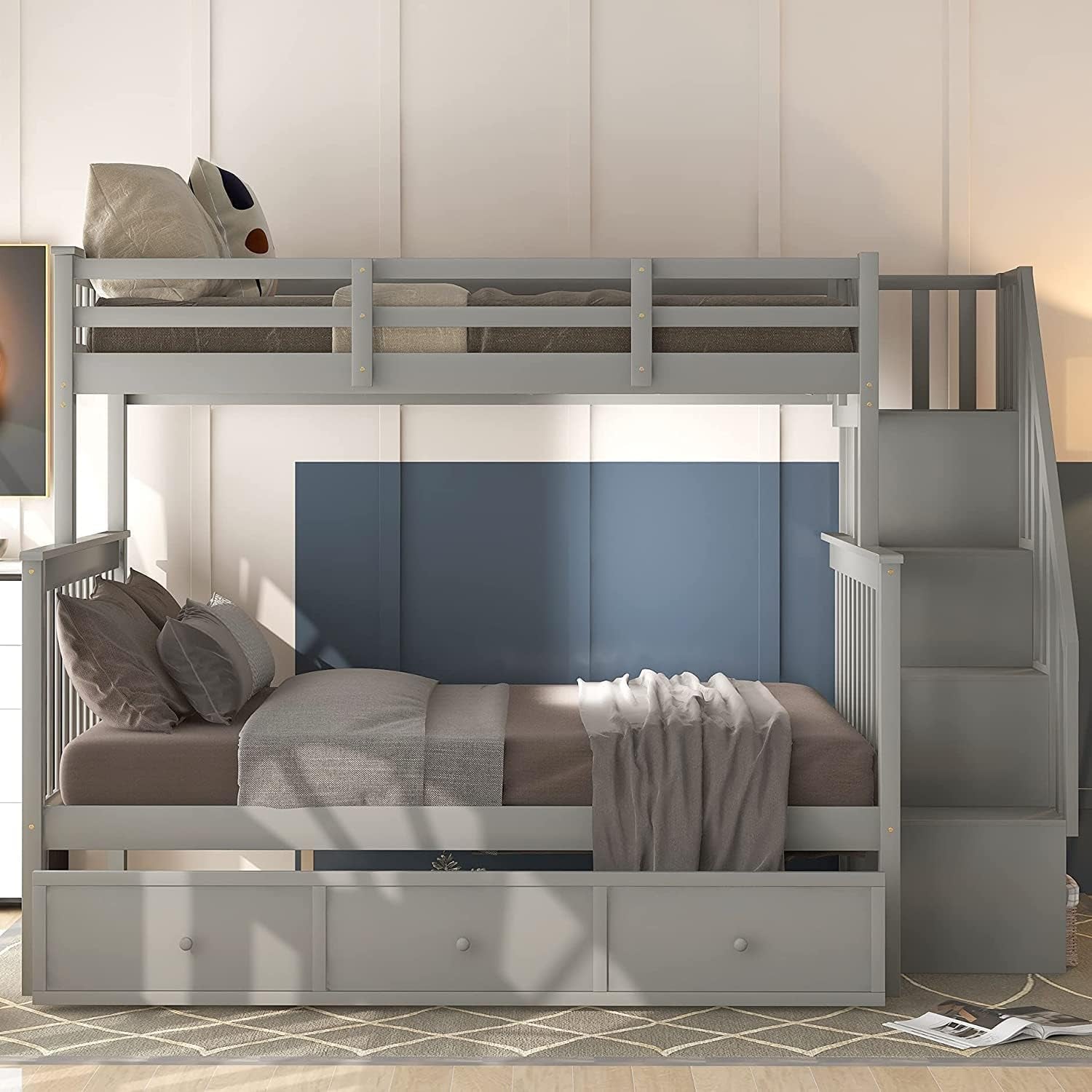 Twin over Full Bunk Bed with Stairs, Grey-0