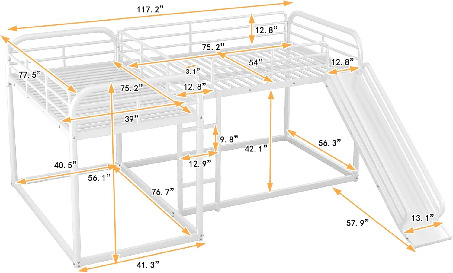 L-Shape Bunk Beds with Slide, Quad Bunk Bed for 4, Metal Twin Size Bunk Bed Attached with Full Size Bunk Bed Frame, Modern Corner Bunked for Multi-Kids Boys Girls Teens (White)-1