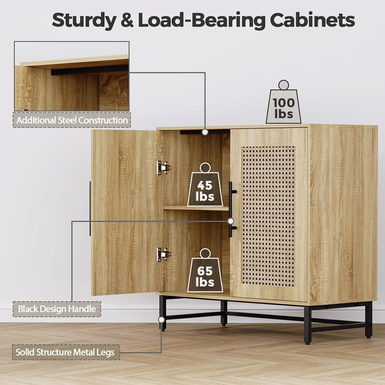 Natural Rattan Buffet Cabinet Modern Sideboard Storage Wood-2