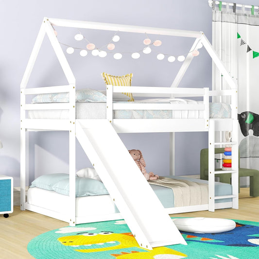 Twin over Twin House Bunk Bed with Slide,Floor Bunk Beds with Ladder for Kids,Solid Wood Twin Size Low Bunk Bed for Girls Boys-0
