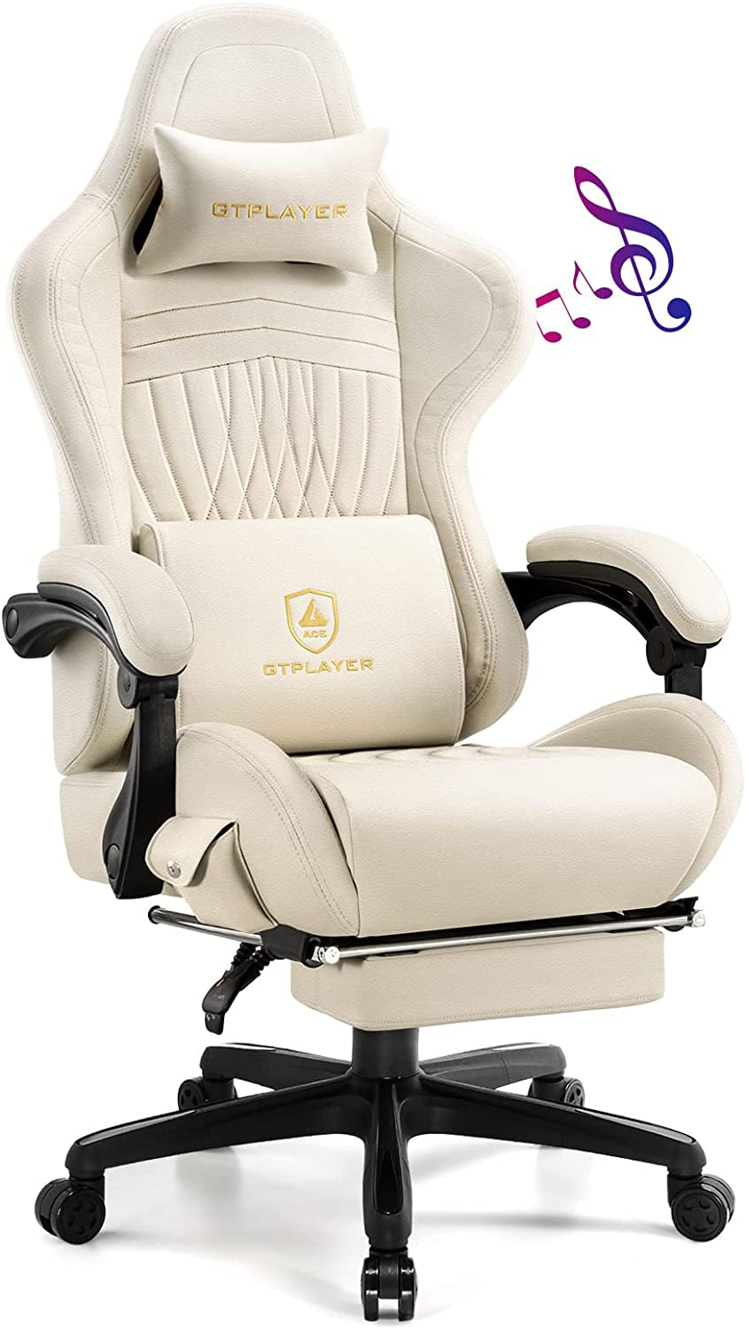 Bluetooth Speaker Gaming Chair with Footrest, Ivory-1