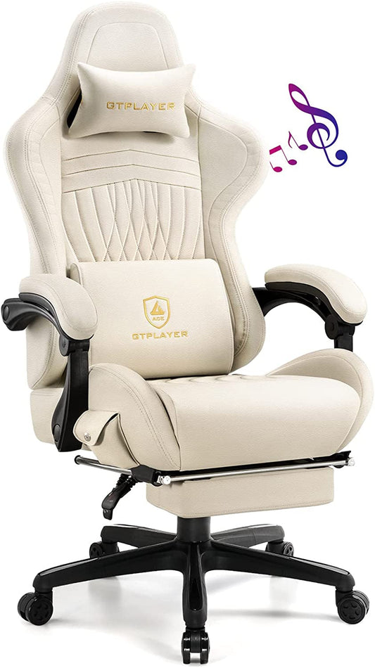 Bluetooth Speaker Gaming Chair with Footrest, Ivory-1