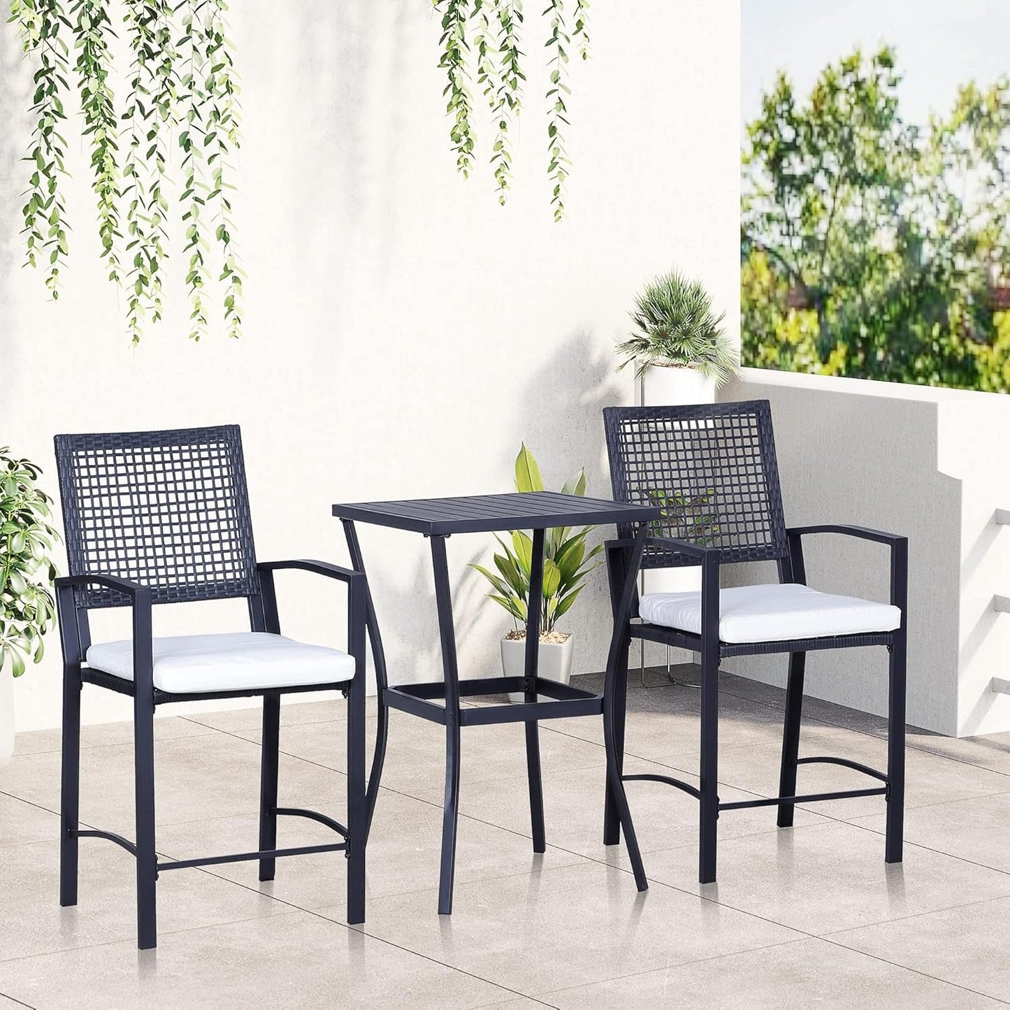 3Pcs Patio Bar Set with Soft Cushion, Rattan Wicker Outdoor Furniture Set for Backyards, Lawn, Deck, Poolside-1