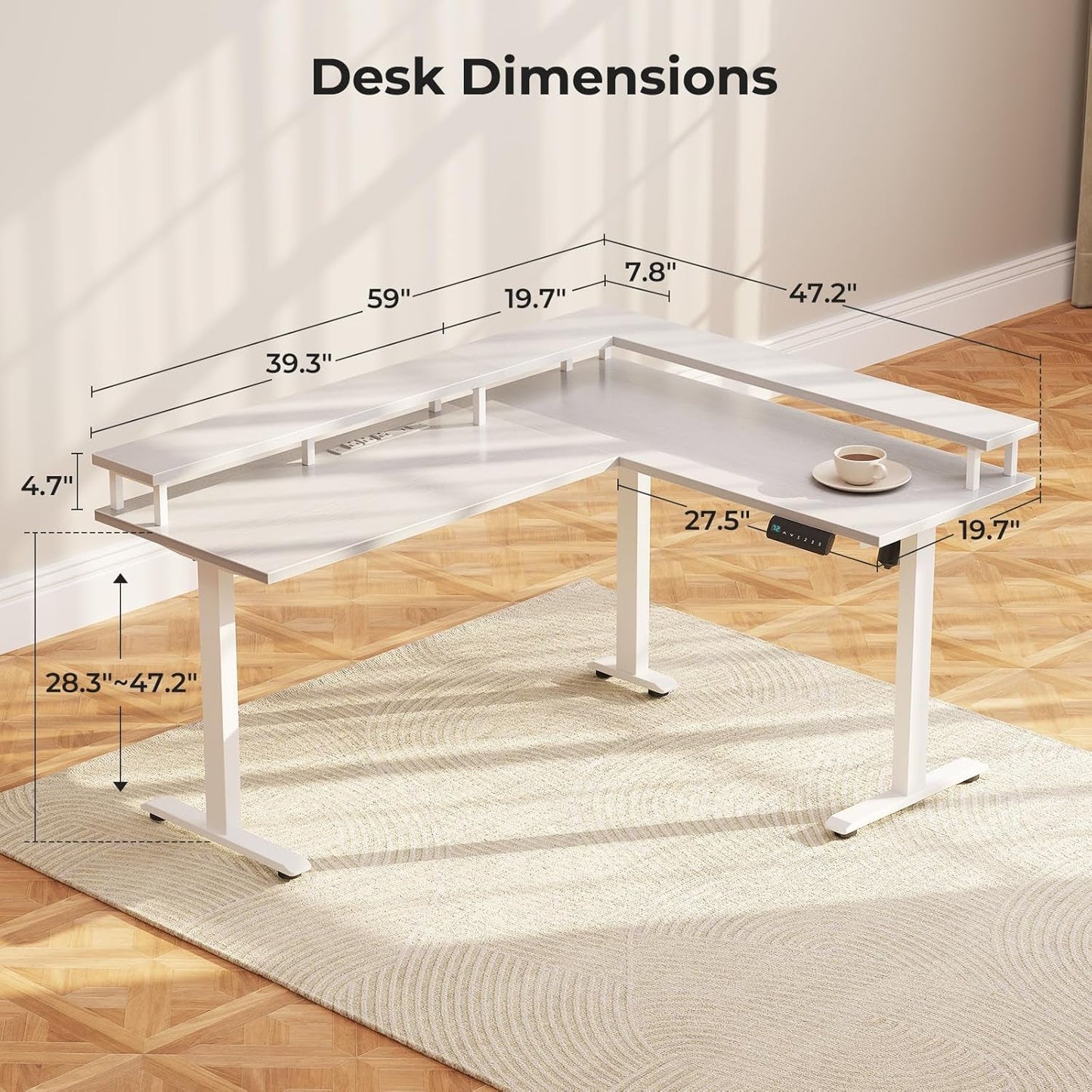 Electric L Shaped Standing Desk, 59 Inch Height Adjustable Stand up Desk with Power Outlets ＆ Full Monitor Stand, Reversible Corner Desk for Home Office ＆ Computer Workstation, White-2