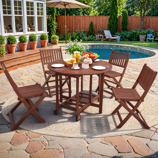 5 Piece Patio Dining Set Outdoor Acacia Wood Furniture All-Weather Folding round Table and Chairs for Backyard, Balcony, Porch, Deck, Garden, Dark Brown-1