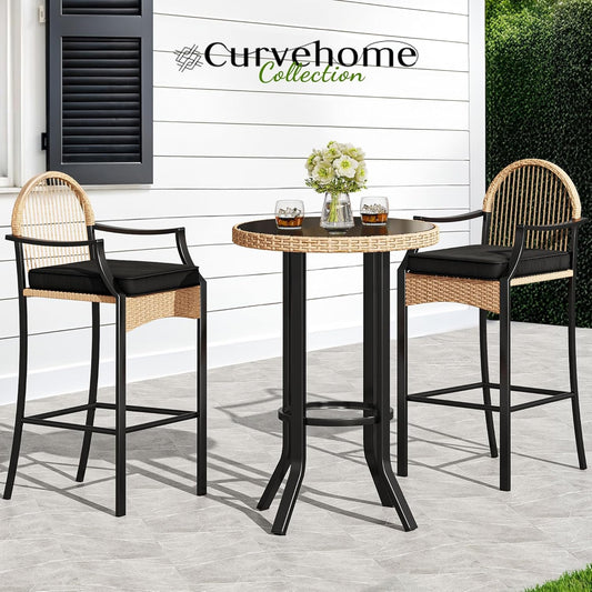 3-Piece Outdoor Wicker Bar Height Set with Cushioned Barstools, Patio Bistro Furniture for Balcony and Poolside, Black+Light Yellow-0
