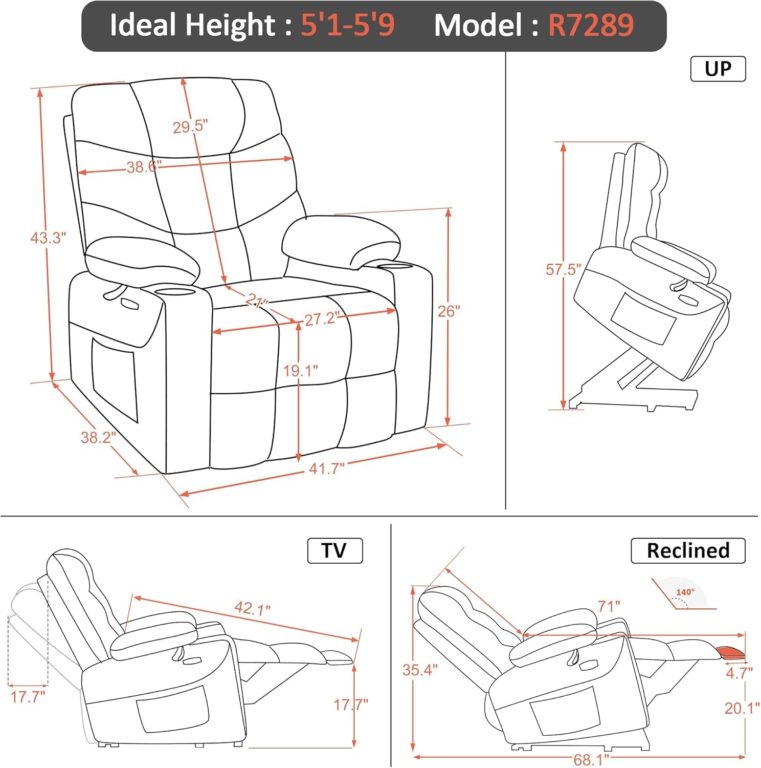Power Lift Recliner Chair with Extended Footrest for Big Elderly People, Faux Leather R7289 (Dark Grey, Medium-Wide)-2