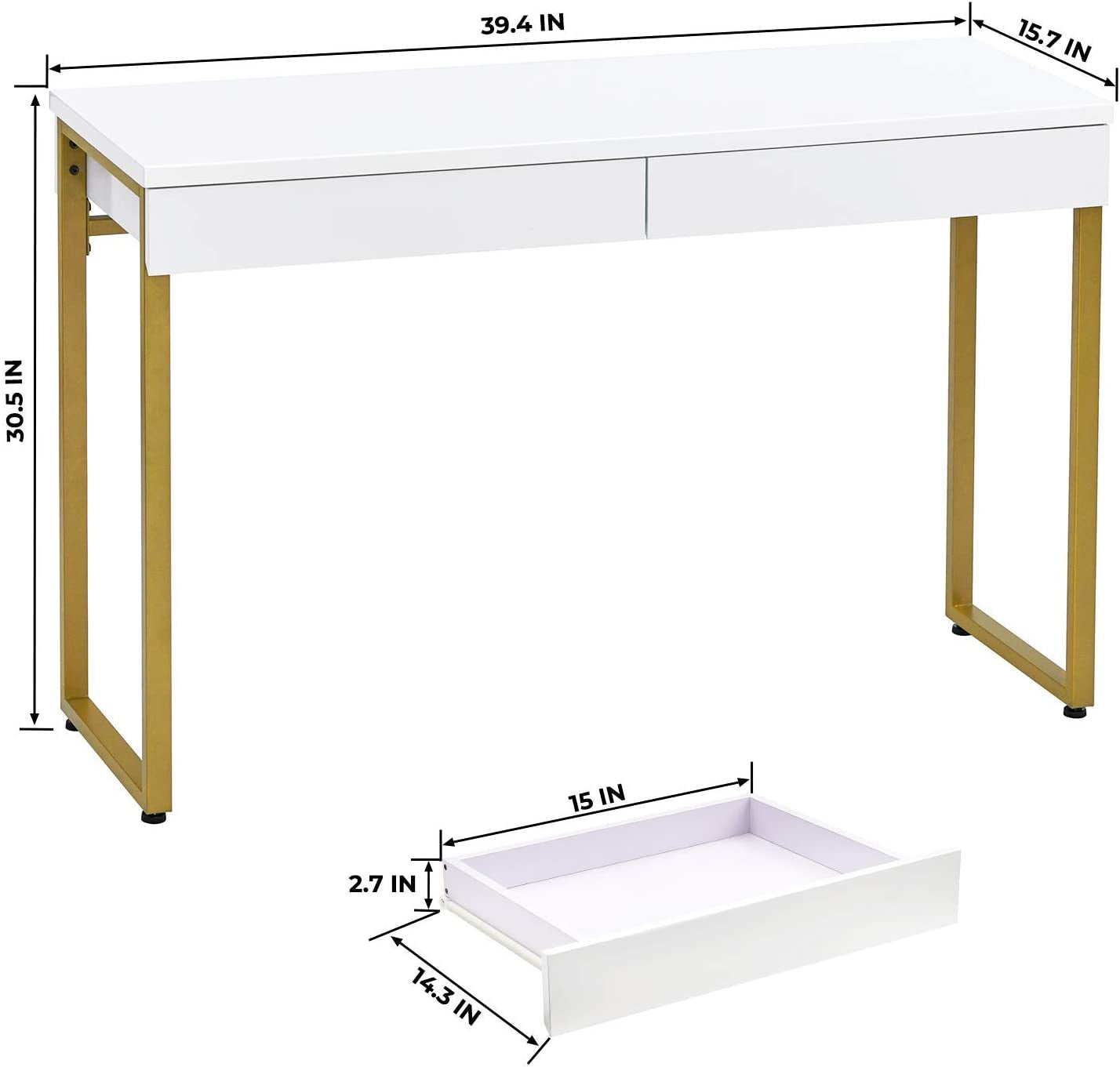 White Glossy Vanity Desk with Gold Legs, 2 Drawers-2
