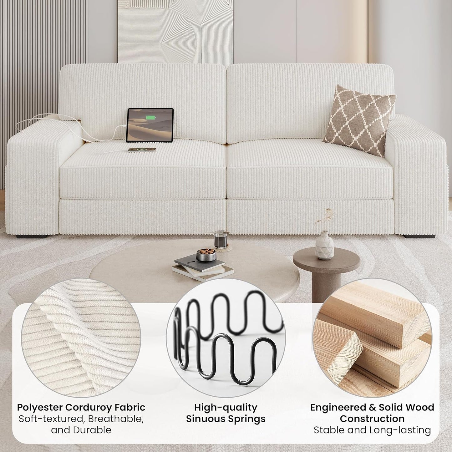 Sofa Modern Sofa Couch 2 Seater Corduroy Fabric Sofa with USB Charging Ports & Side Storage Pockets for Living Room Apartment, Ivory-4