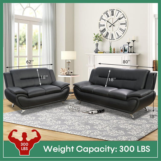 Leather Sofa Set,Leather Sofa Set for Living Room Furniture Sets,Oversize Loveseat Sofa with Chair for Living Room/Office/Apartment(A-Black,3-Piece)-1