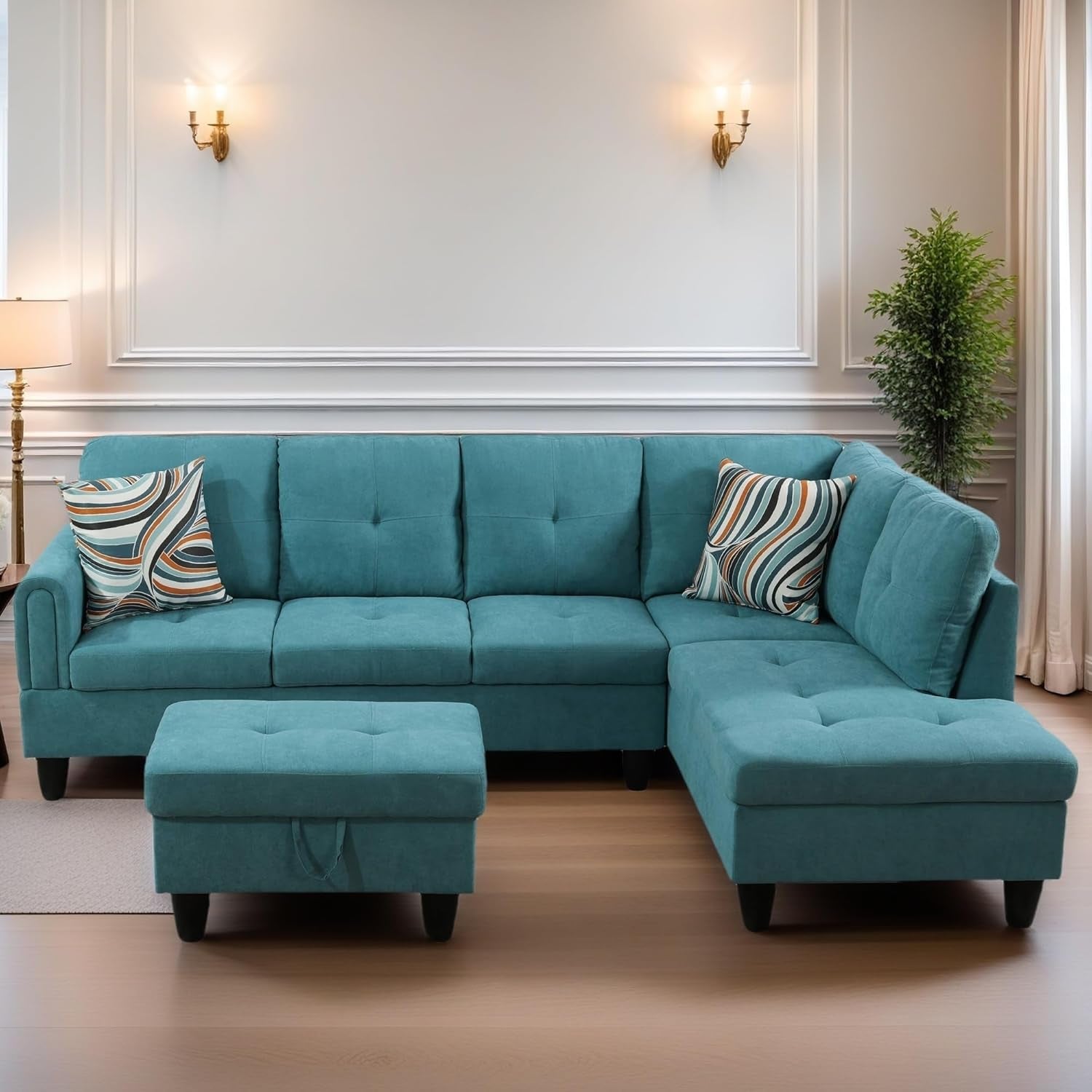 L Shaped Sectional Couches for Living Room, Modern Modular Sectional Sofa with Ottoman Storage, Comfy L Shaped Couch with Chaise for Bedroom Apartment Furniture, Green-0