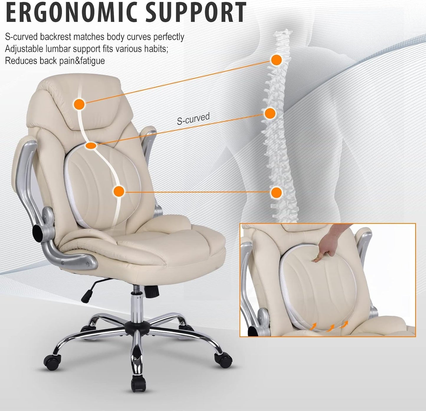 Modern Executive Office Chairs with Lumbar Support90-120 Degree Rocking Managerial Chairergonomic PU Leatherhomeofficedeskchairs with Wheels,Flip-Up Arms & Back Support(White)Medium(300Lbs)-4