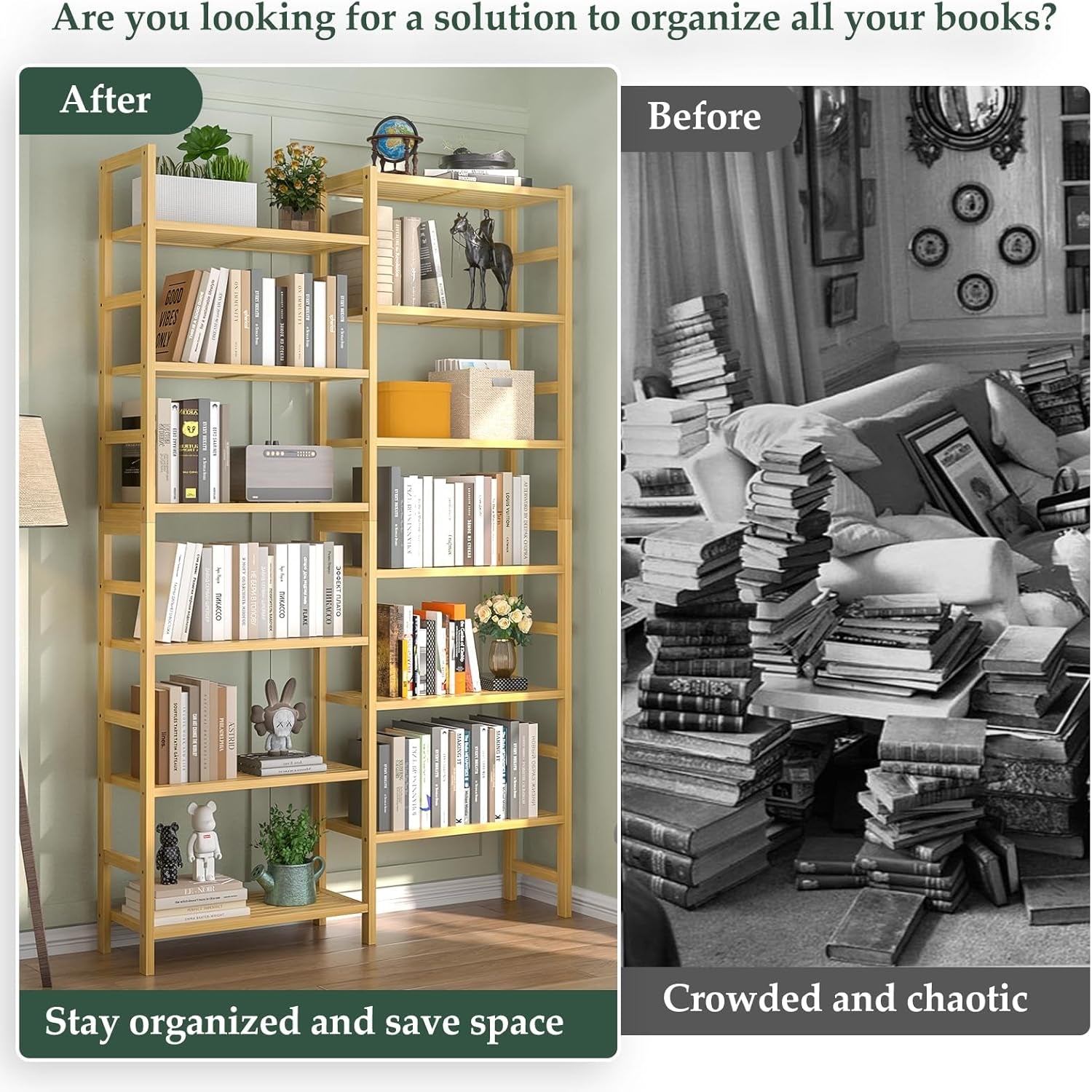 Double Wide Bamboo Bookshelf, 6-Tier Large Open Bookcase with 12 Display Shelves, 6Ft Tall Freestanding Book Shelf for Home Office, Bedroom, Living Room, Plants, Natural-4