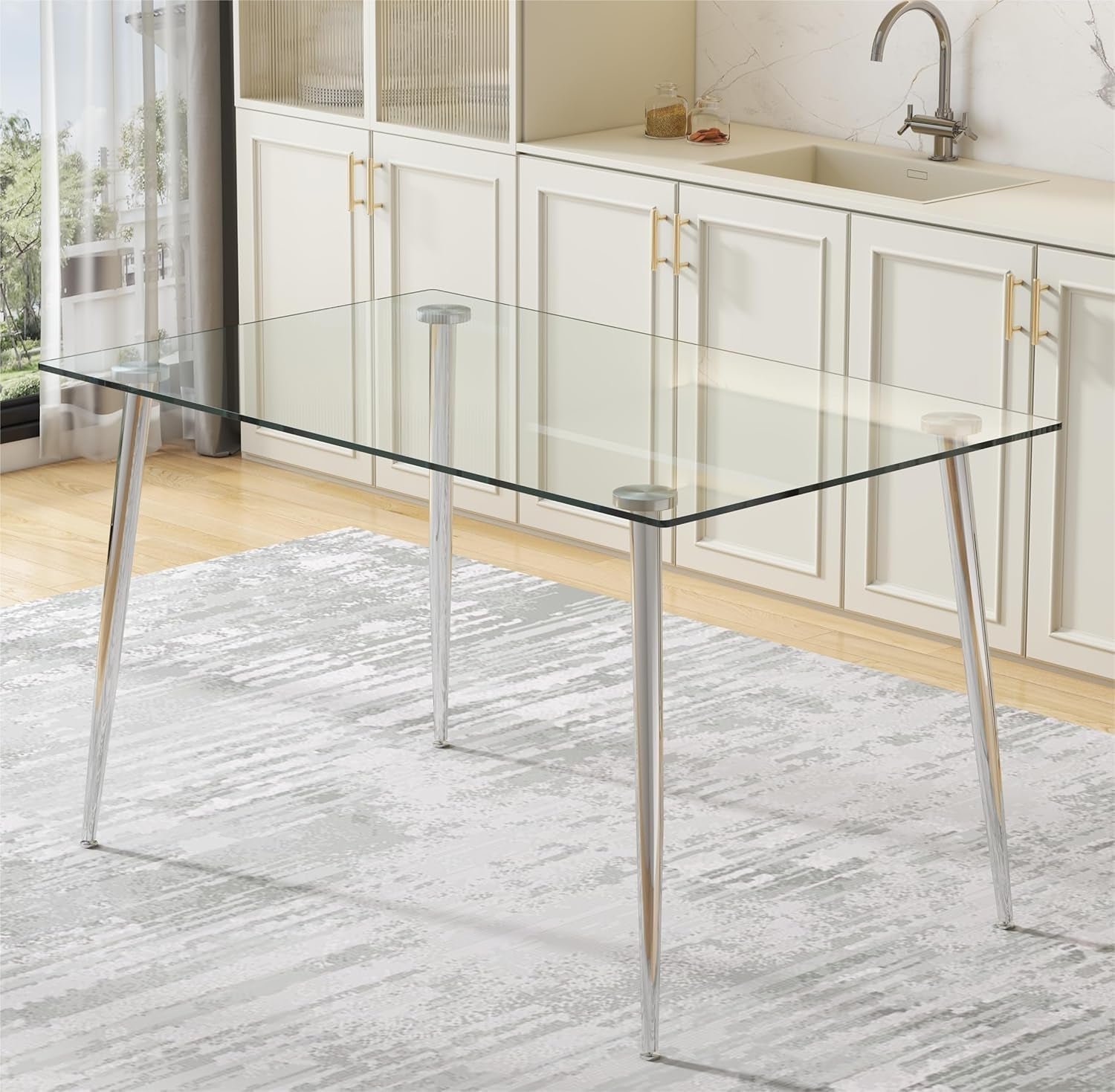 Glass Dining Table for 4 with 51 Inch Clear Rectangular Glass Top, 0.31" Modern Tempered Glass Kitchen Table Furniture with 4 Silver Plating Metal Legs for Home Dining Room-0