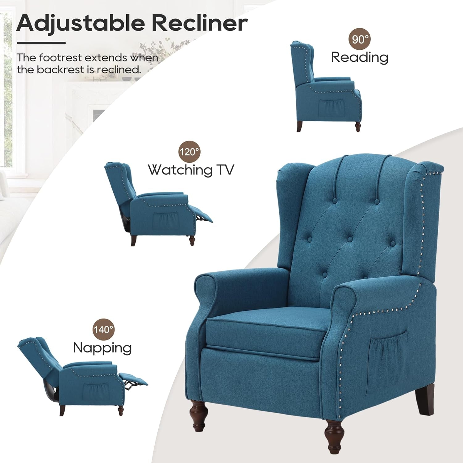 Wingback Recliner Chair with Massage and Heat Tufted Fabric Push Back Recliner Chair for Living Room Vintage Recliner Chair with Remote Control, Padded Cushion, Backrest, Wooden Legs-4