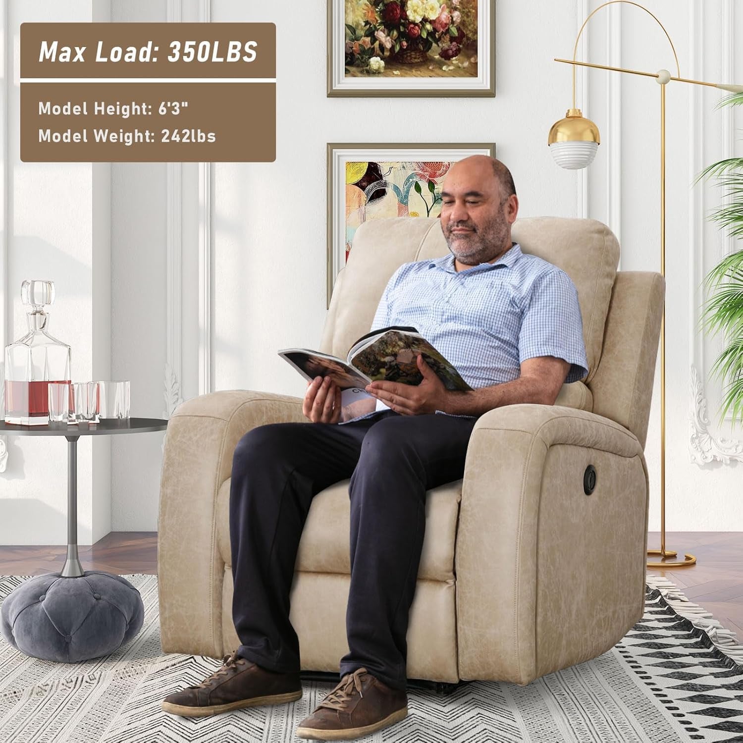 Electric Recliner Chair, Soft PU Leather Power Recliners with Padded Backrest, Single Overstuffed Heavy Duty Reclining Sofa for Living Room Bedroom-3