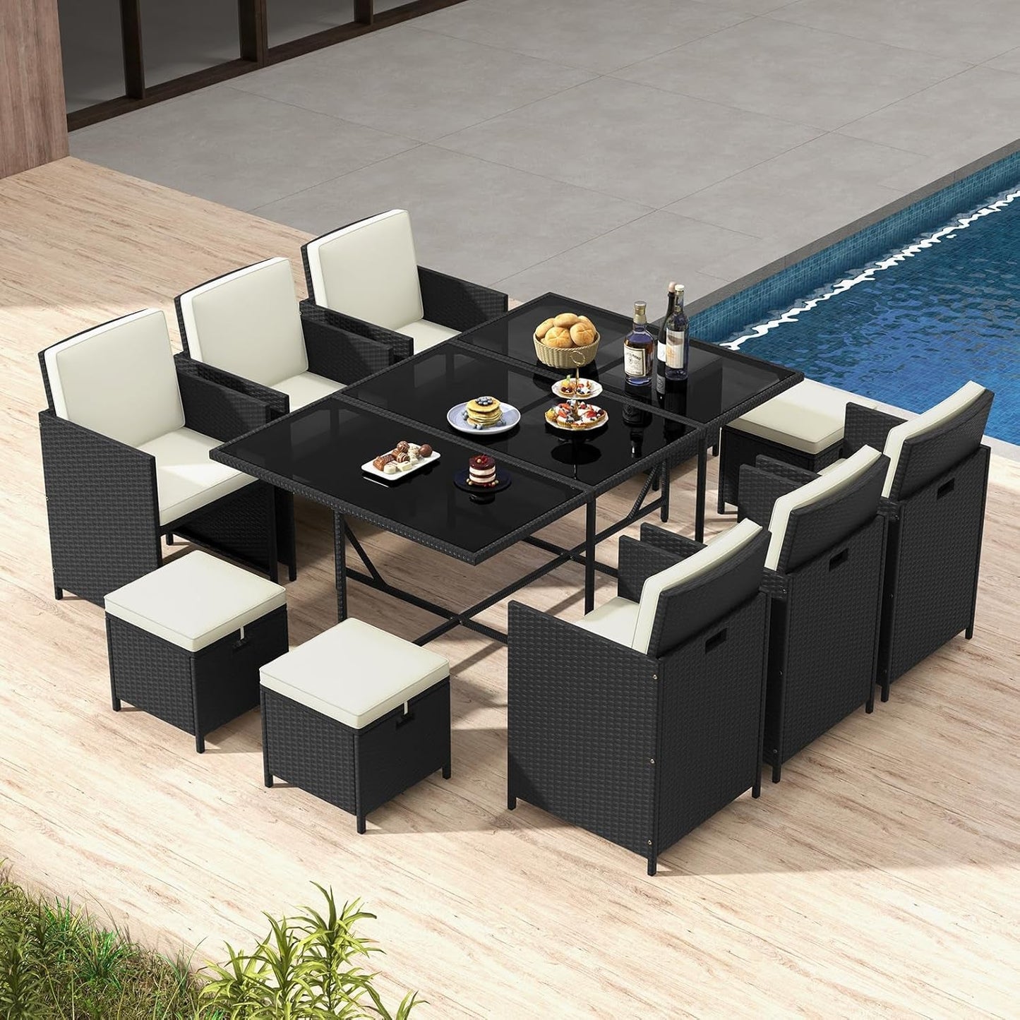 11 Pieces Patio Dining Set, Space-Saving Wicker Chairs & Tempered Glass Table with Ottomans, Thick Soft Cushions, Outdoor Conversation Furniture Set for Garden Yard Poolside-2