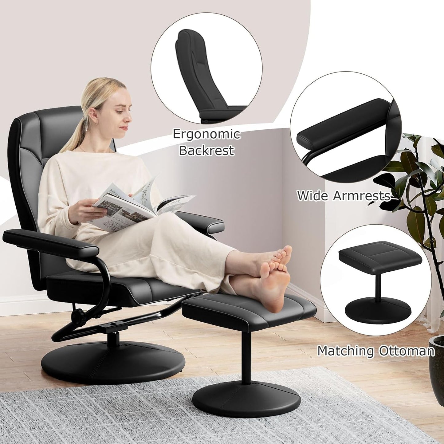 Recliner Chair with Ottoman, 360° Swivel Faux Leather Reclining Chair W/Adjustable Backrest, Footrest, Sturdy Metal Base, Upholstered Armchair for Living Room Bedroom Study, Office, Black-3