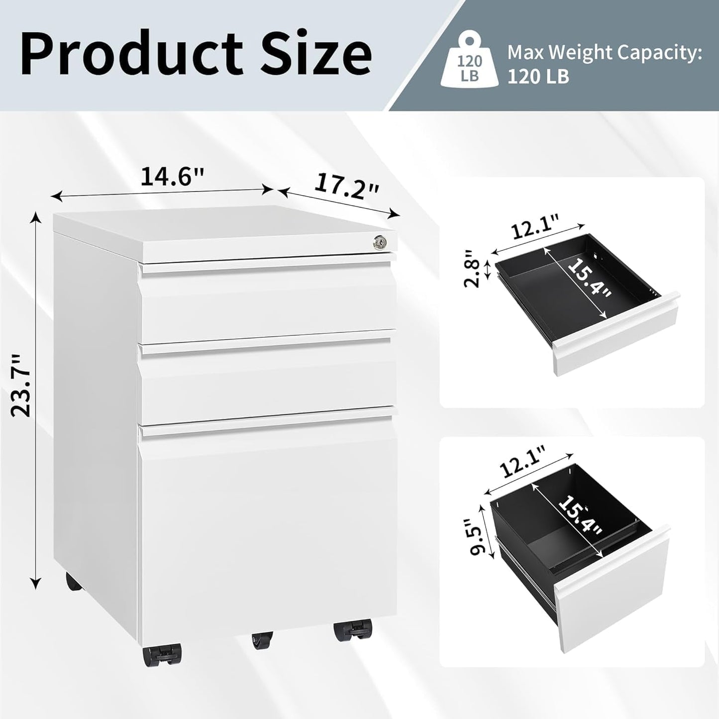3 Drawer File Cabinet with Lock, File Cabinets for Home Office,Under Desk Cabinet, Locking File Cabinet for A4/Letter/Legal, Fully Assembled Expect Casters, Matte White-2
