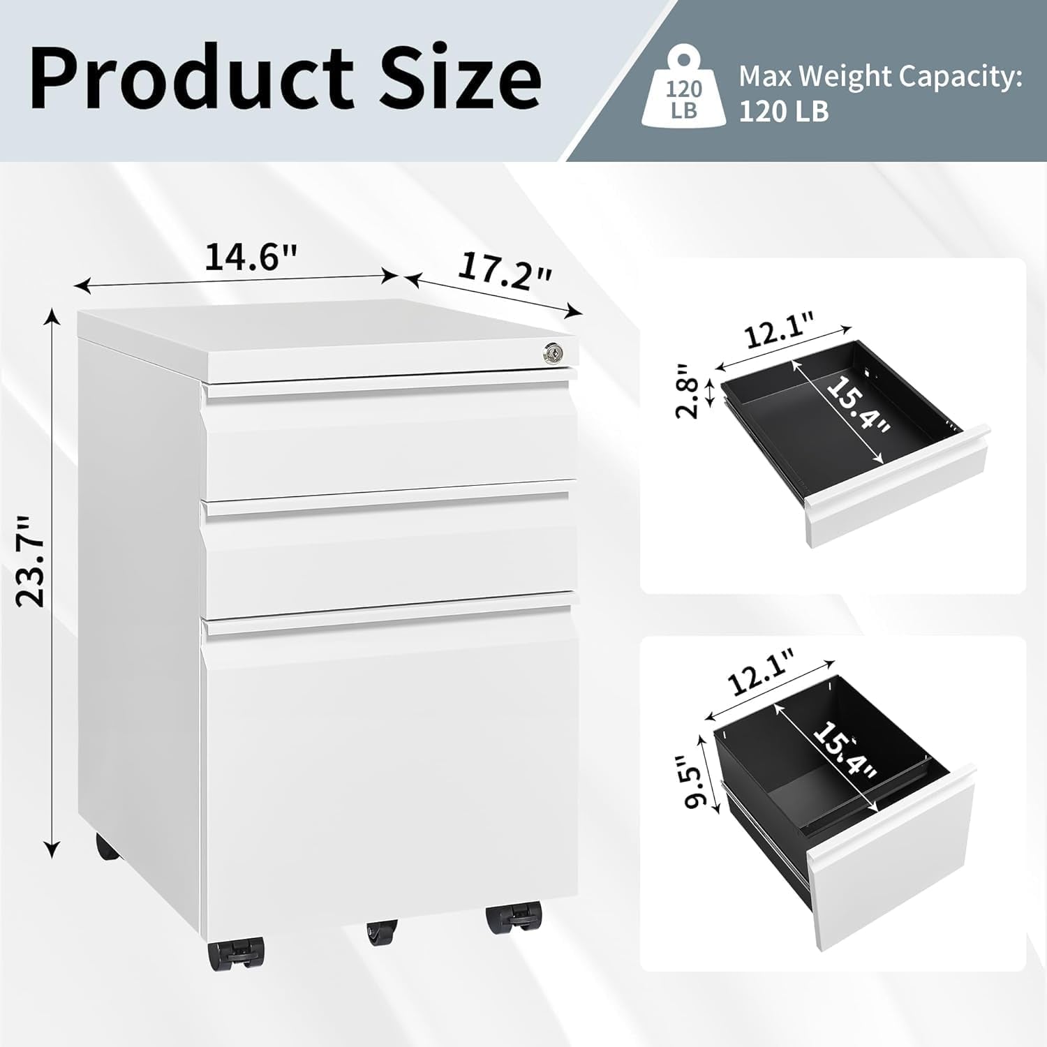 3 Drawer File Cabinet with Lock, File Cabinets for Home Office,Under Desk Cabinet, Locking File Cabinet for A4/Letter/Legal, Fully Assembled Expect Casters, Matte White-2