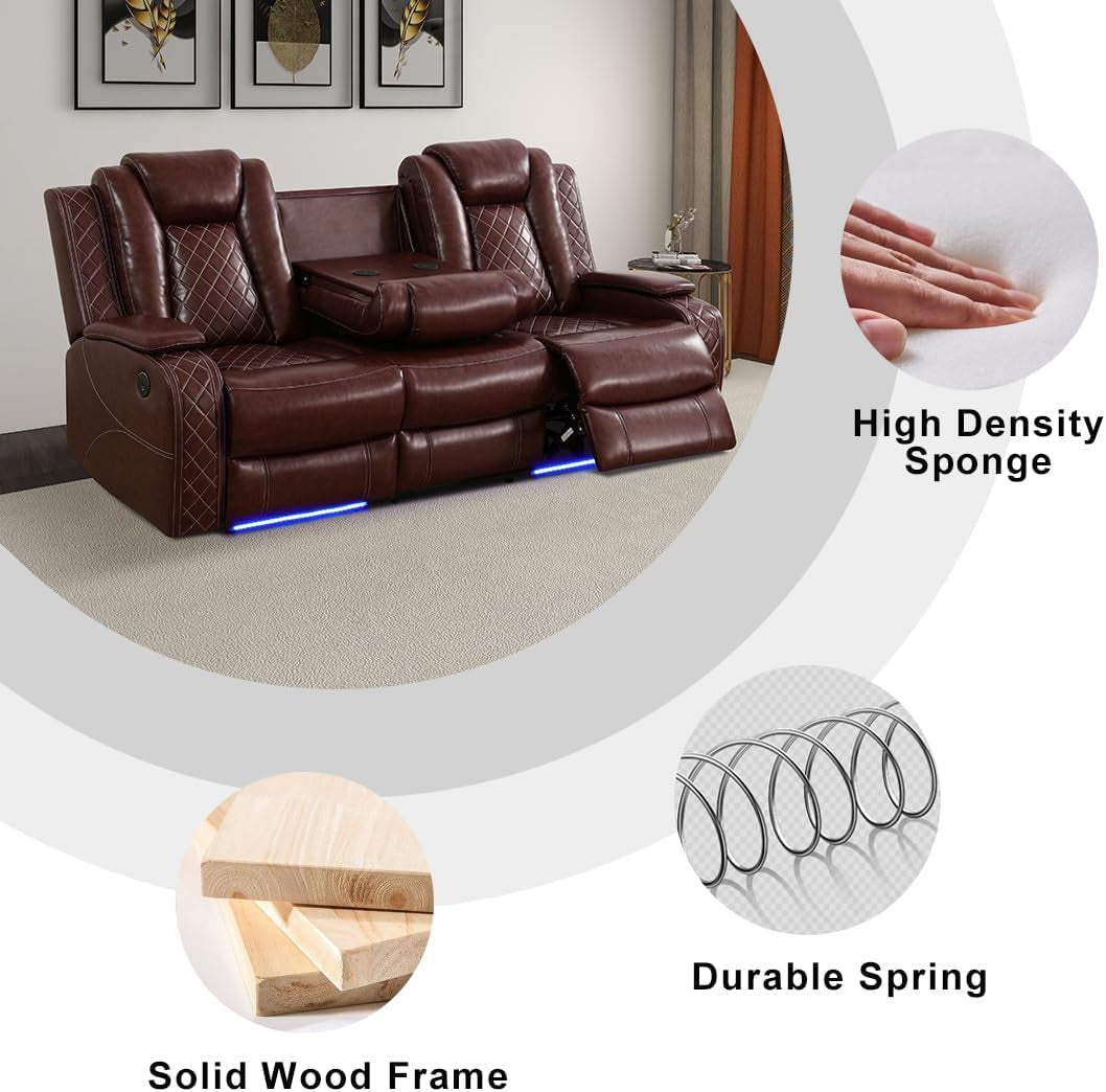 Living Room Furniture Set Brown Breathing Reclining Leather Sofa Living Room Power Recliner Adjustable Manual Sofa with UPS Ports/Led Light/Wireless Charger for Living Room, Office, Rv Car-3