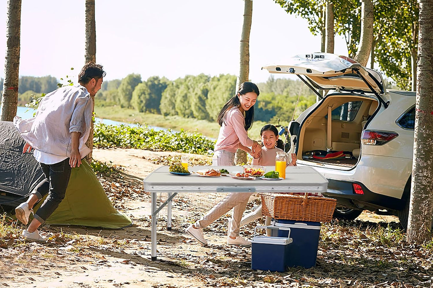 Portable Camping Table with 2 Benches and Umbrella-0