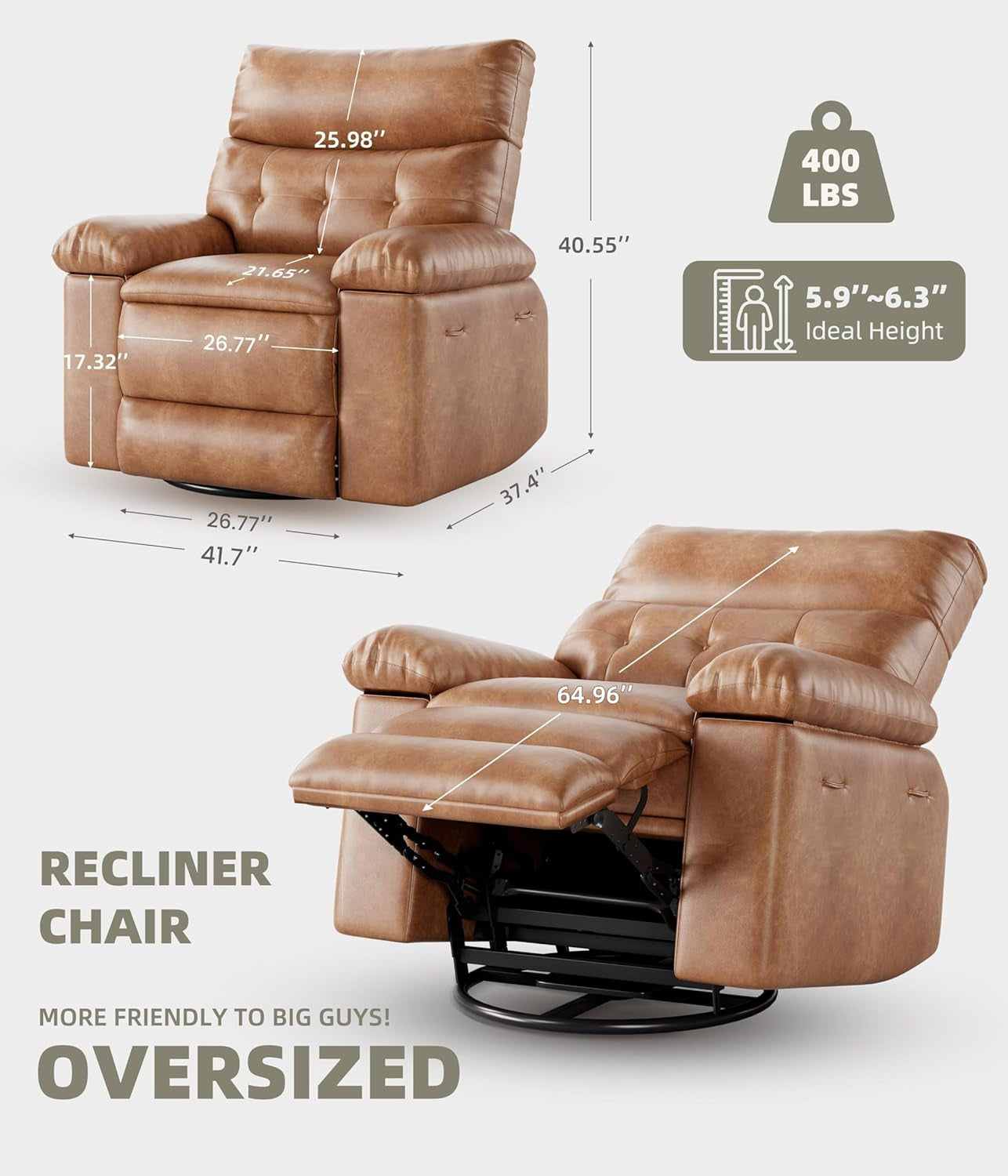 Oversized Wide Rocker Swivel Recliner Chair - PU Leather Large Manual Recliner for Adults, Comfort Lazy Chair with 1.5X Sponge Filling and Easy Recline Mechanism for Relaxation-1