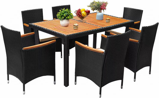 7 Piece Patio Dining Set Outdoor Acacia Wood Table and Chairs with Soft Cushions Wicker Patio Furniture for Deck, Backyard, Garden-0