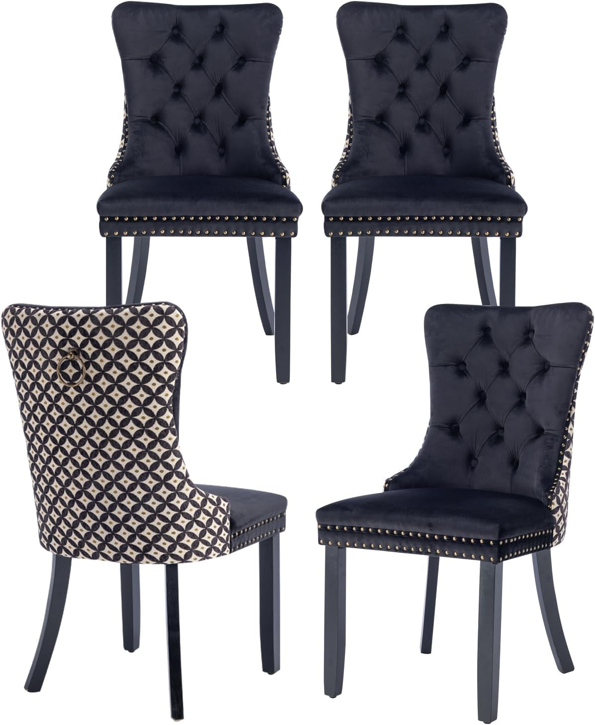 Velvet Dining Chairs Set of 4, High-End Tufted Upholstered Dining Chair with Back Ring Pull, Nailhead Trim and Solid Wood Legs, Modern Dining Room Chairs for Dining Room, Black &Patterned-0