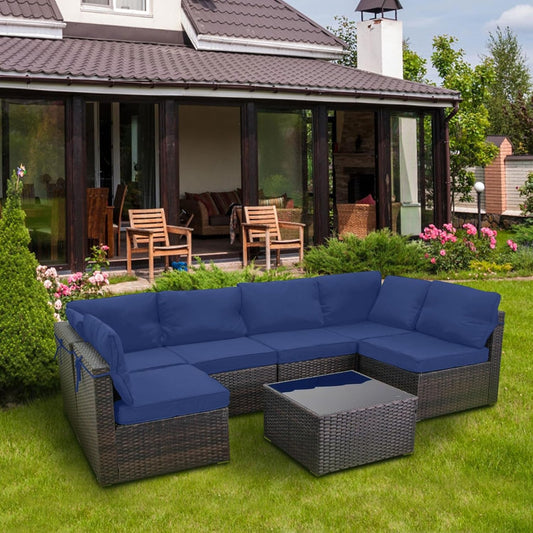 7 Pieces Outdoor Patio Furniture Sets,Rattan Conversation Sectional Set,Manual Weaving Wicker Patio Sofa with Tea Table-0