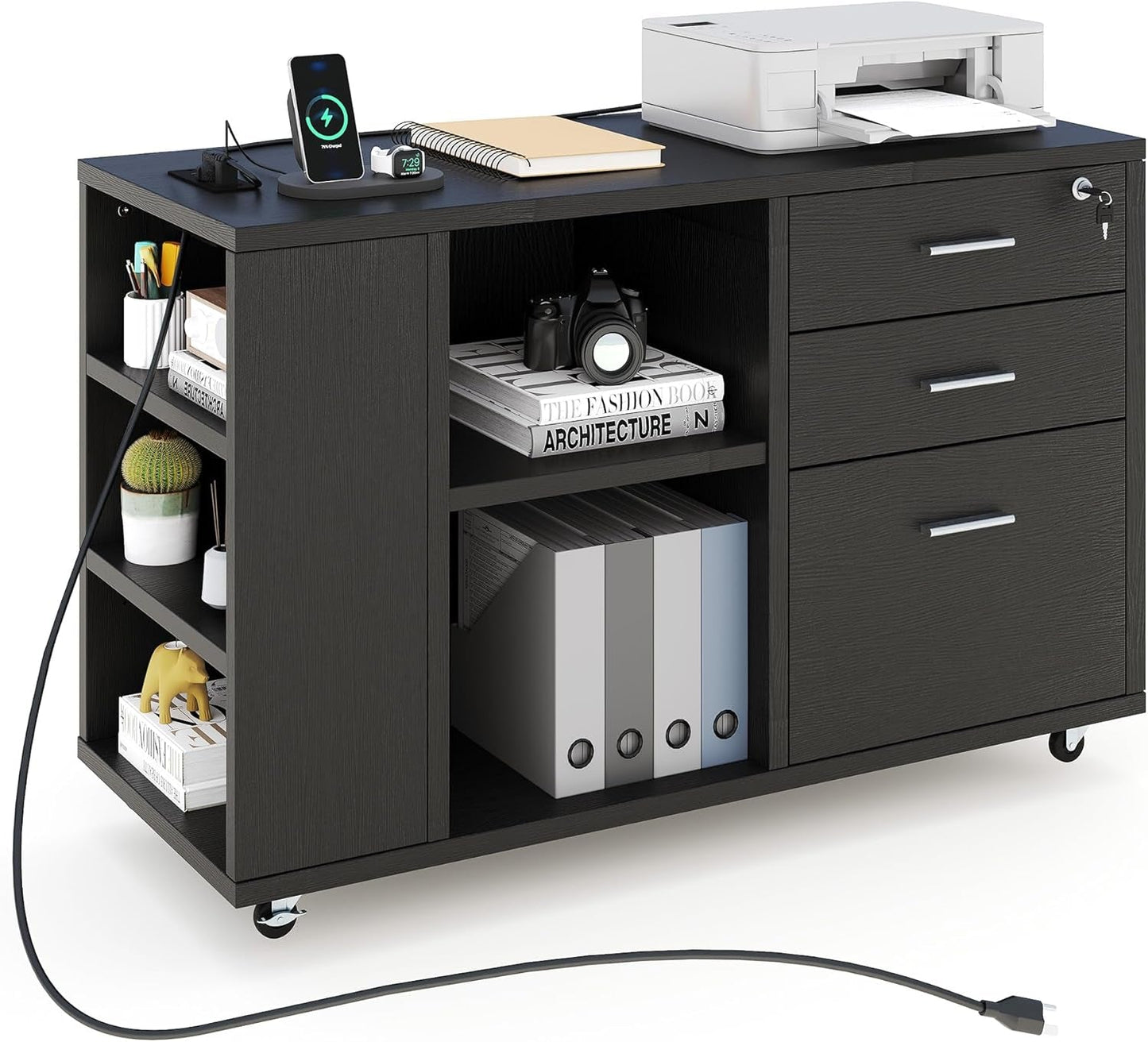 File Cabinet with Charging Station, Mobile Lateral Filing Cabinet with Lock for Home Office, Printer Stand with Open Storage Shelf, Fits A4, Letter, Legal Size Files, Office Furniture, Black-0