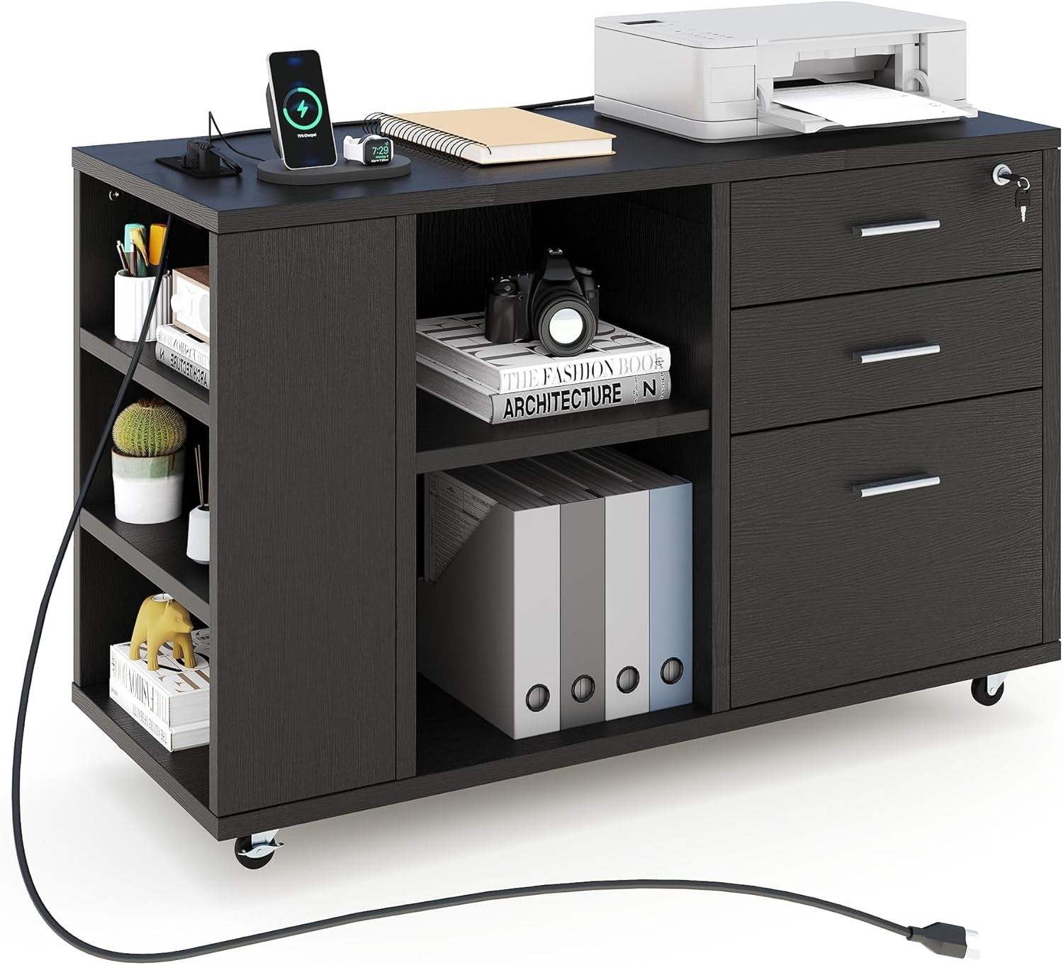File Cabinet with Charging Station, Mobile Lateral Filing Cabinet with Lock for Home Office, Printer Stand with Open Storage Shelf, Fits A4, Letter, Legal Size Files, Office Furniture, Black-0