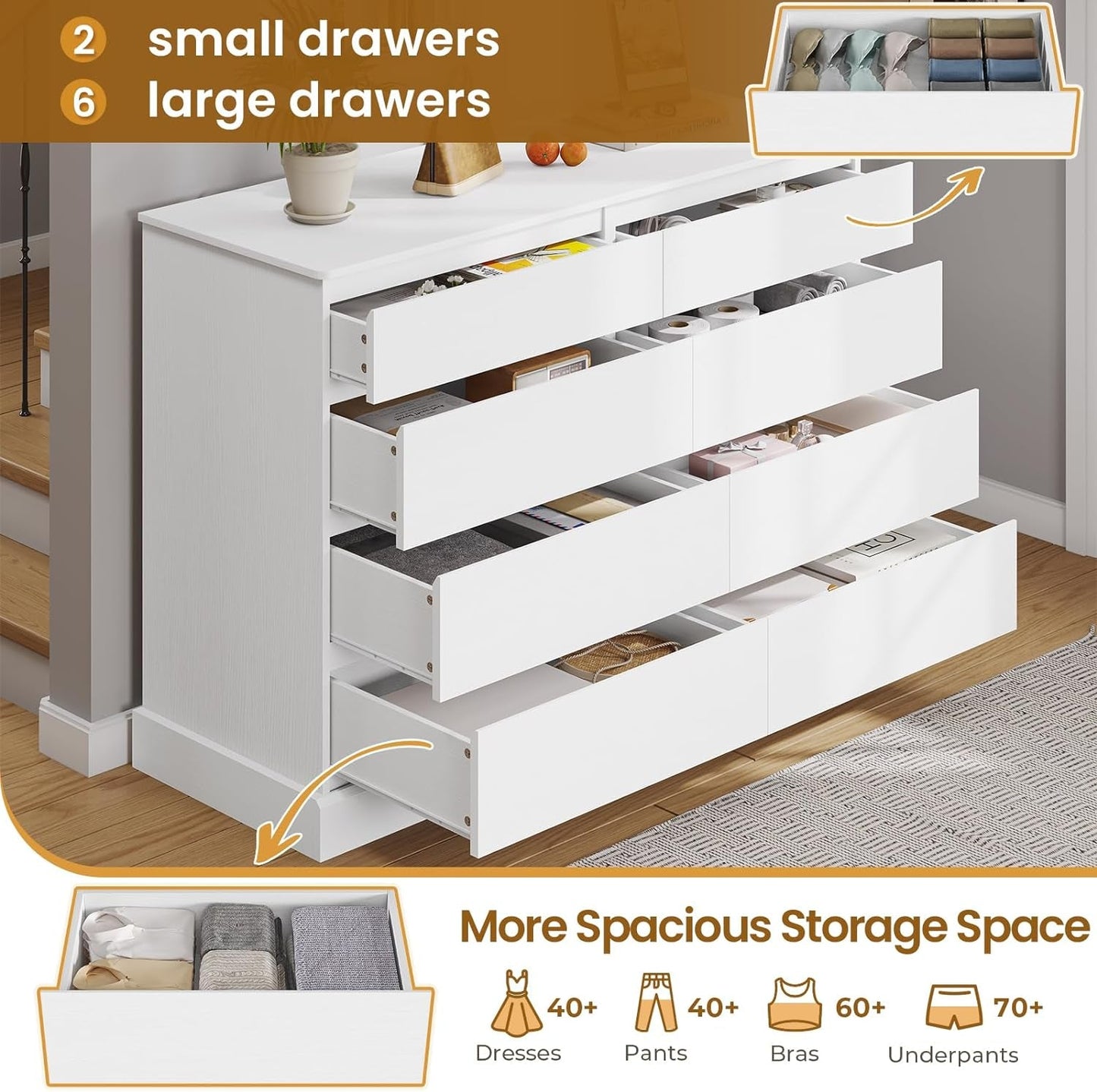8 Drawers Dresser for Bedroom, White Large Chest of Drawers, Long Modern Double Dressers, Big Clothing Storage Organizer Closet with Ample Space, 51.6''L X 15.7''D X 37.7''H-3