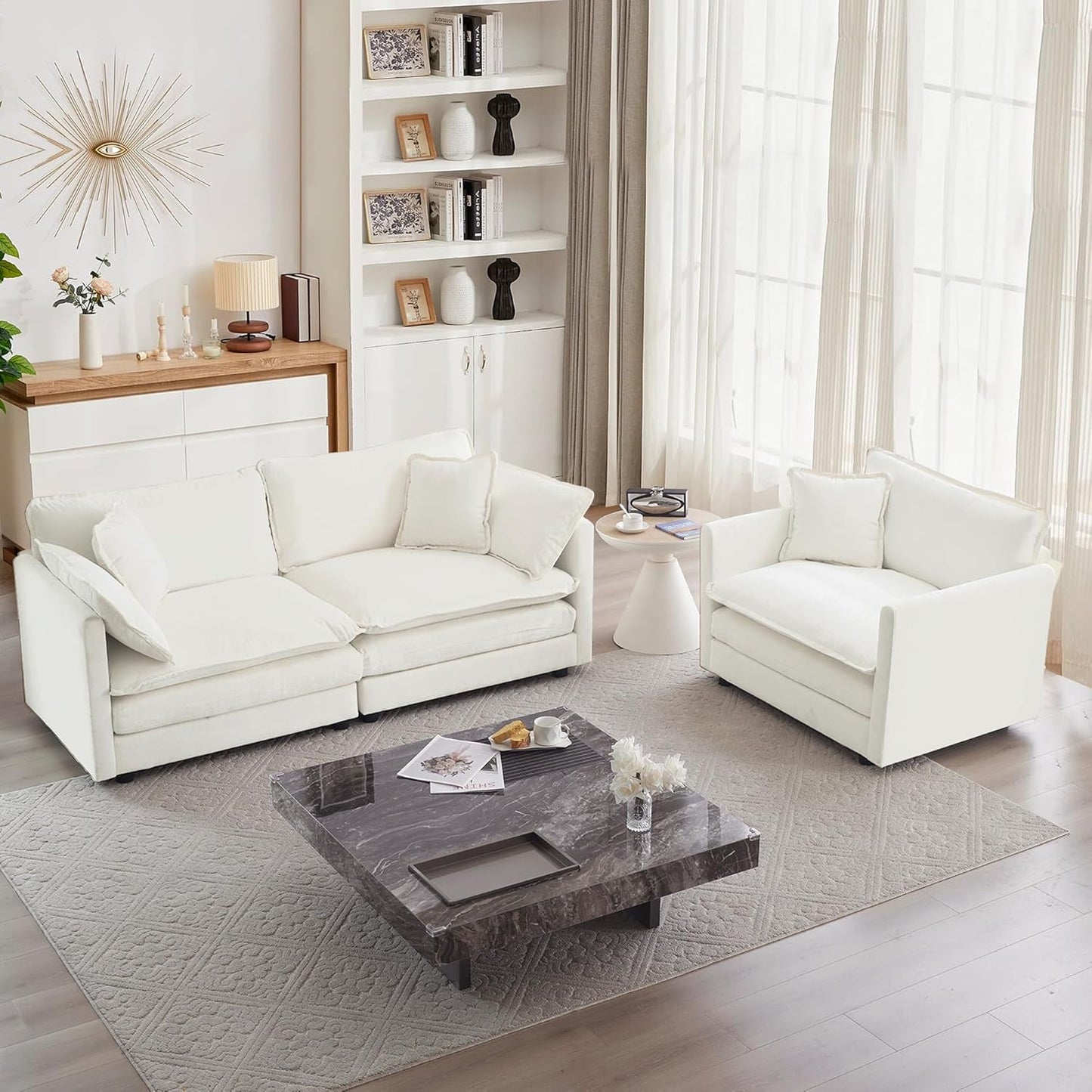 Luxury 2 Piece Loveseat Couch & Sofa Armchair Set, Modern Upholstered Chenille Cloud Couches Set Furniture with 5 Pillow for Living Room Bedroom Office Apartment, Beige-0