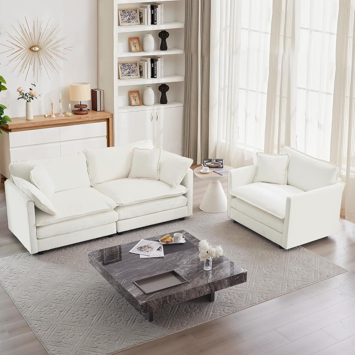 Luxury 2 Piece Loveseat Couch & Sofa Armchair Set, Modern Upholstered Chenille Cloud Couches Set Furniture with 5 Pillow for Living Room Bedroom Office Apartment, Beige-0