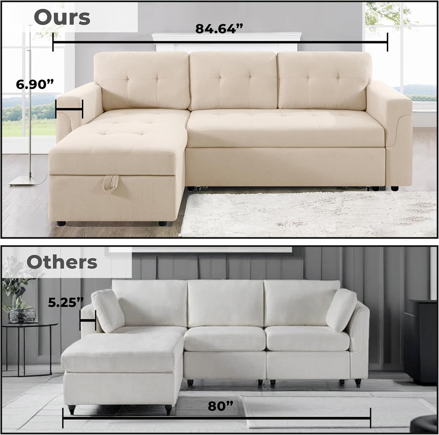 Jenny Sectional Sofa Sleeper with Storage Chaise, Tufted Pull Out Couch with Storage, Sectional Sofa Bed, L-Shaped Reversible Sleeper Sofa with Storage, Beige,Velvet-3