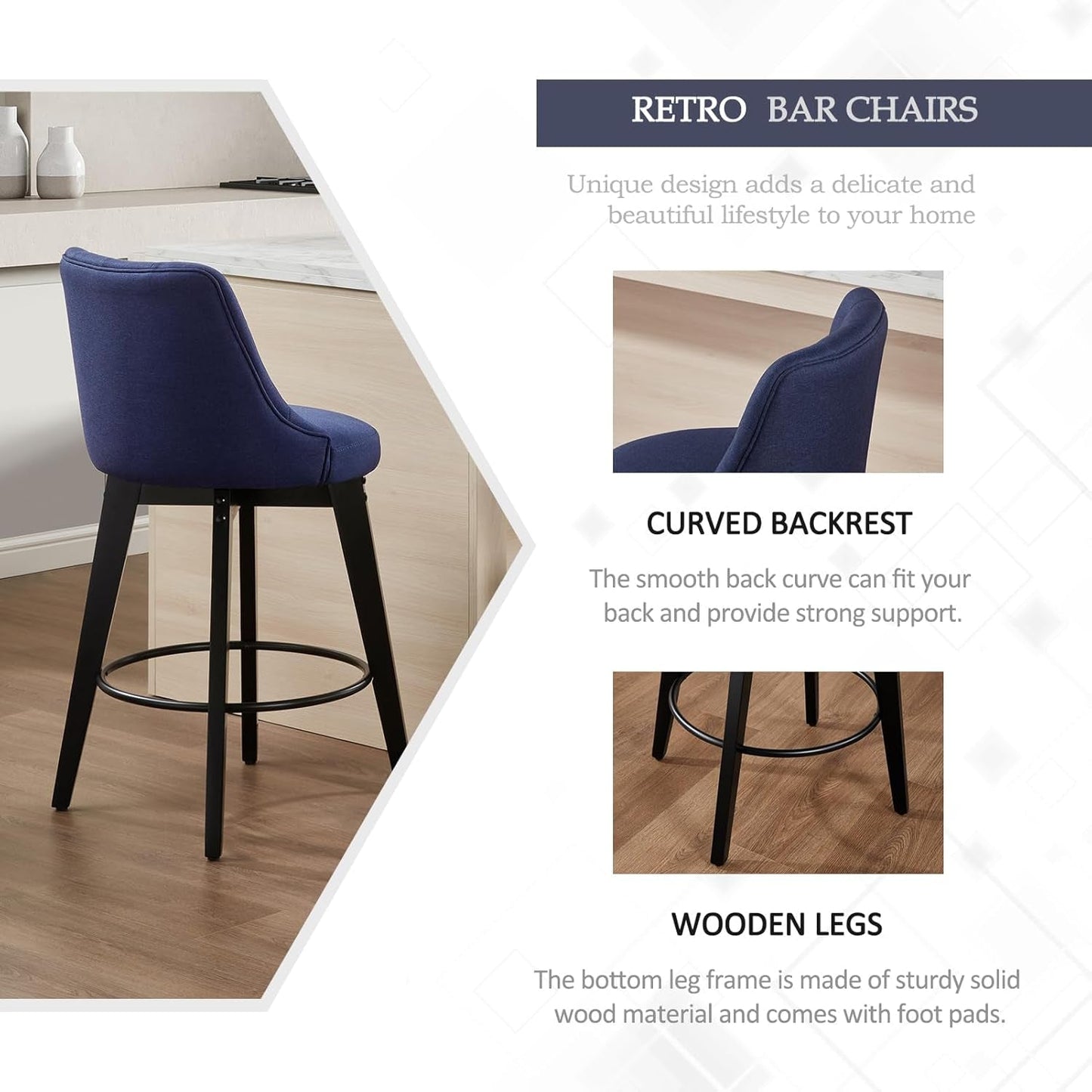 Swivel Bar Stools Set of 4, Linen Counter Height Bar Stools with Back, Wooden Bar Stools for Kitchen Island, Upholstered Bar Stools (Navy Blue)-3