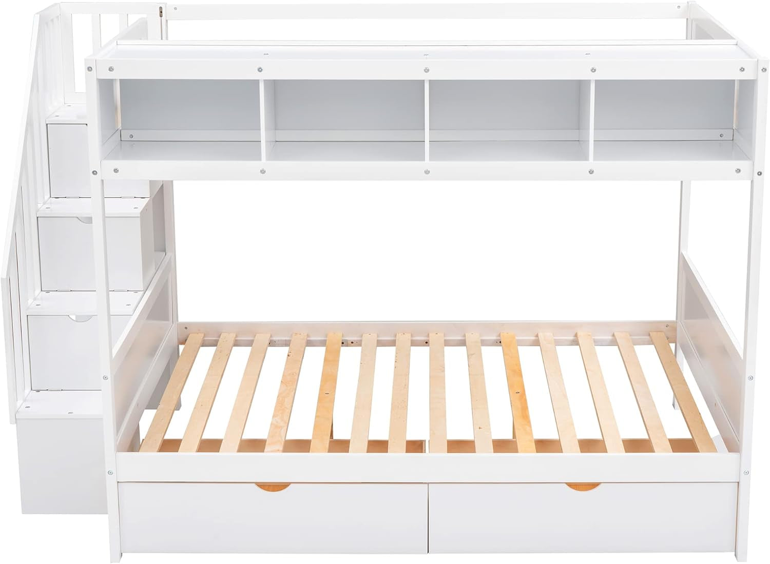 Twin over Full Bunk Bed with Storage Shelves, Stairs, Solid Wood Staiway Bunk Bed Frame with 2 Drawers, for Kids Teens Adults (White)-4