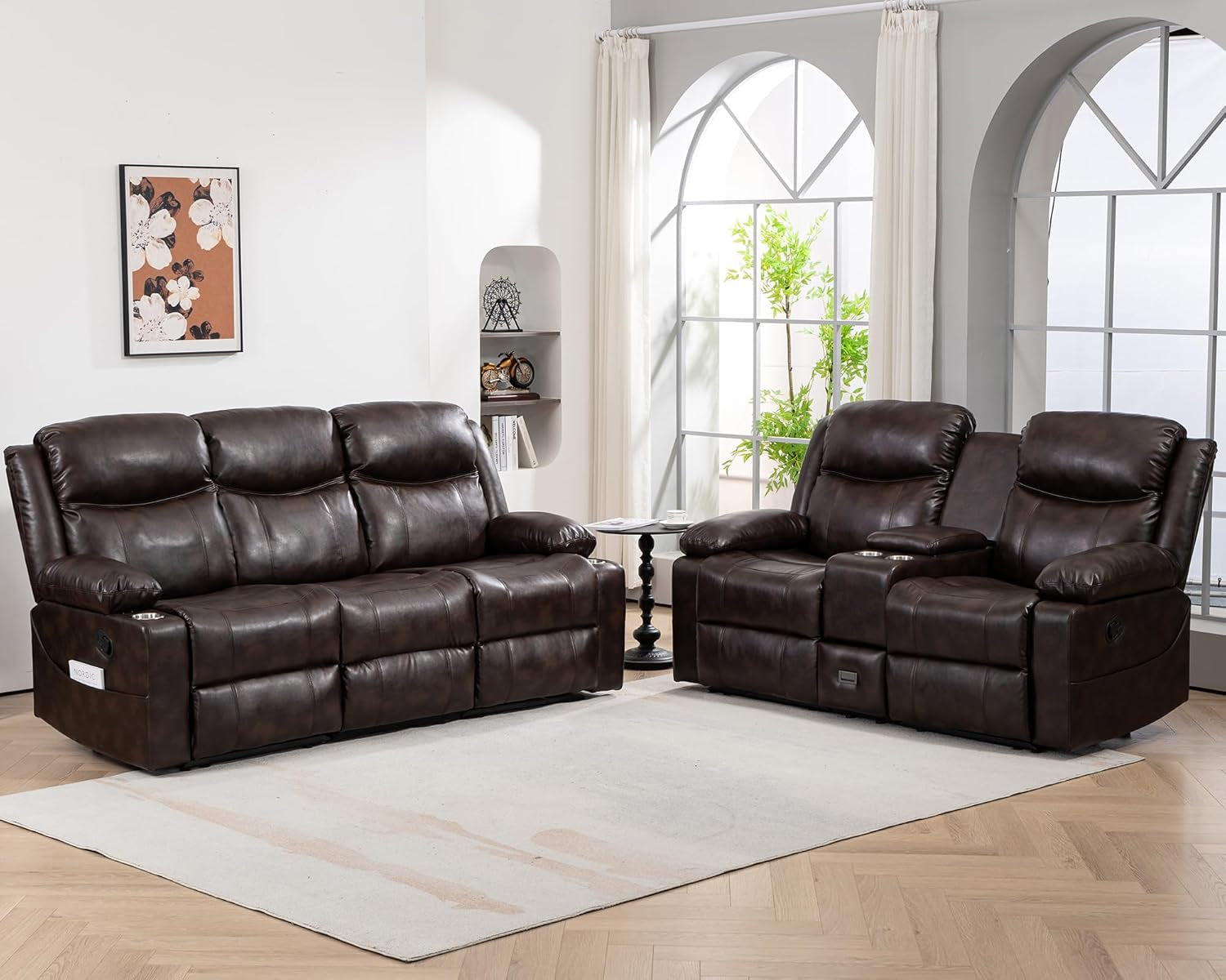 Recliner Sofa Set - Reclining Sofa Couch Set, 2 Pieces Recliner Furniture Sofa Set, 3-Seater Reclining Sofa & 2-Seater Reclining Loveseat with Massage & Heat for Living Room (Brown)-0