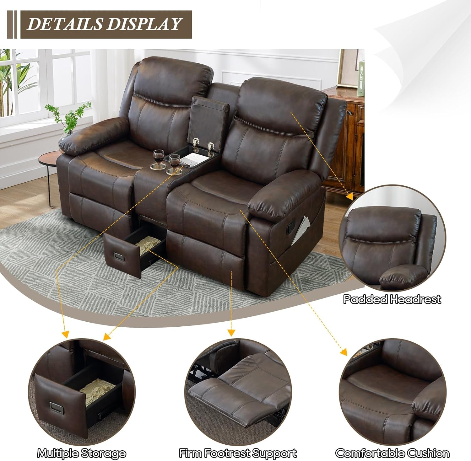Loveseat Recliner, Reclining Loveseat with Console, Double Reclining Loveseat, 2 Seater Manual Reclining Couch for Living Room, Office, Home Theater(Pu-Brown)-4