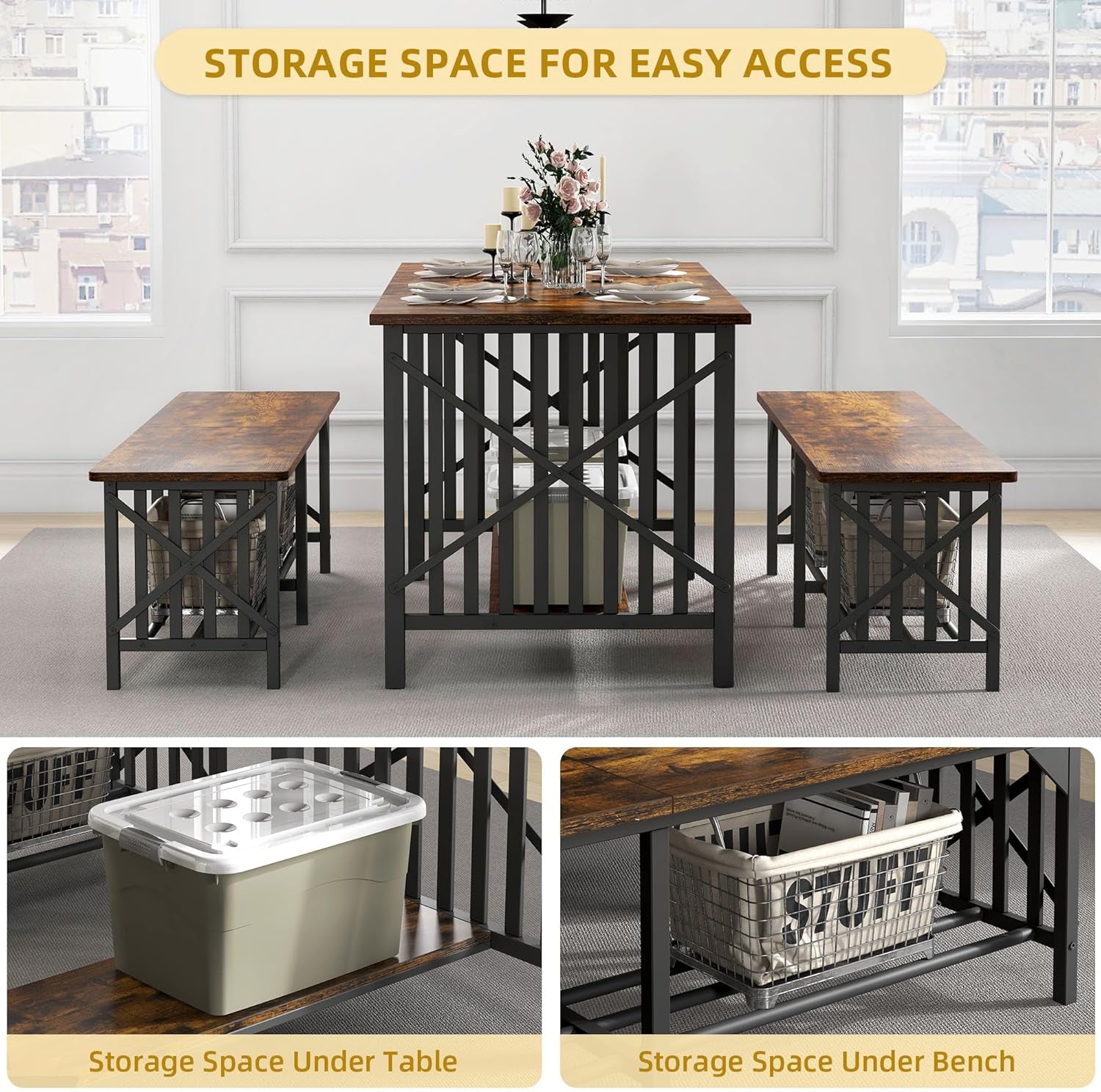 3-Piece Dining Table Set for 4-6 People, 63" Dining Room Table with 2 Benches, Industrial Rectangular Dining Room Table Set with Storage for Kitchen, Dining Room, Rustic Brown-3