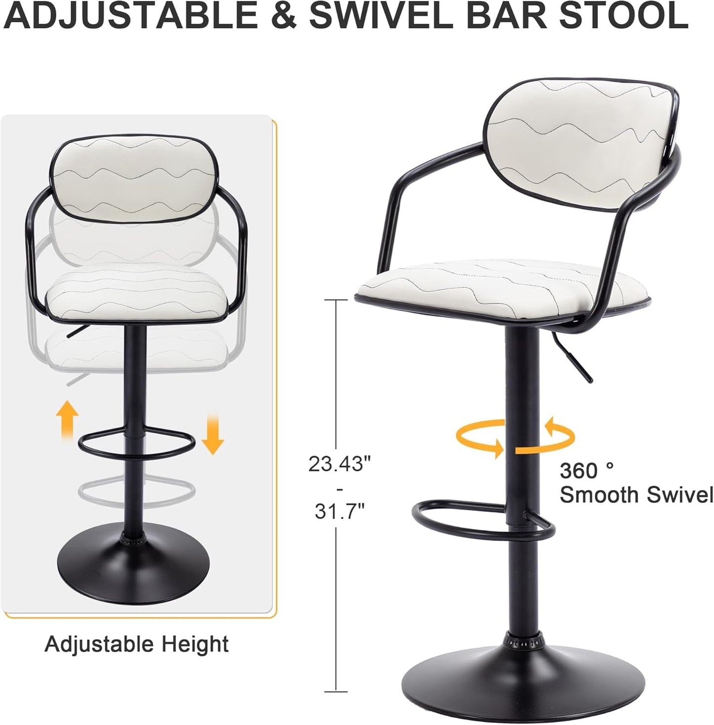 Bar Stools Set of 2, Adjustable Counter Height Barstools with Back and Arm, Swivel Bar Chairs/Pu Leather Kitchen Island Stools for Pub/Dining Room/Living Room, White-2