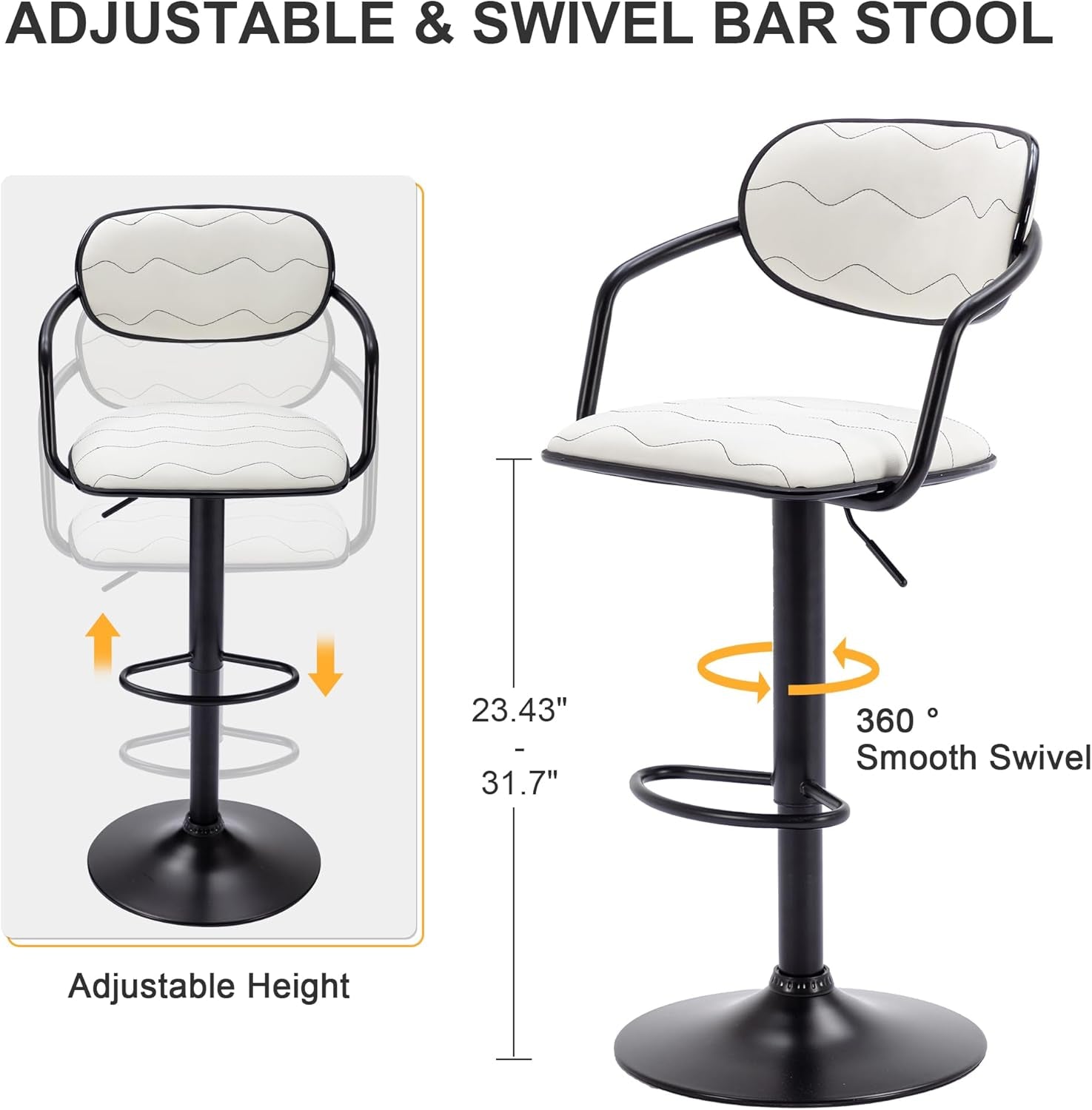 Bar Stools Set of 2, Adjustable Counter Height Barstools with Back and Arm, Swivel Bar Chairs/Pu Leather Kitchen Island Stools for Pub/Dining Room/Living Room, White-2