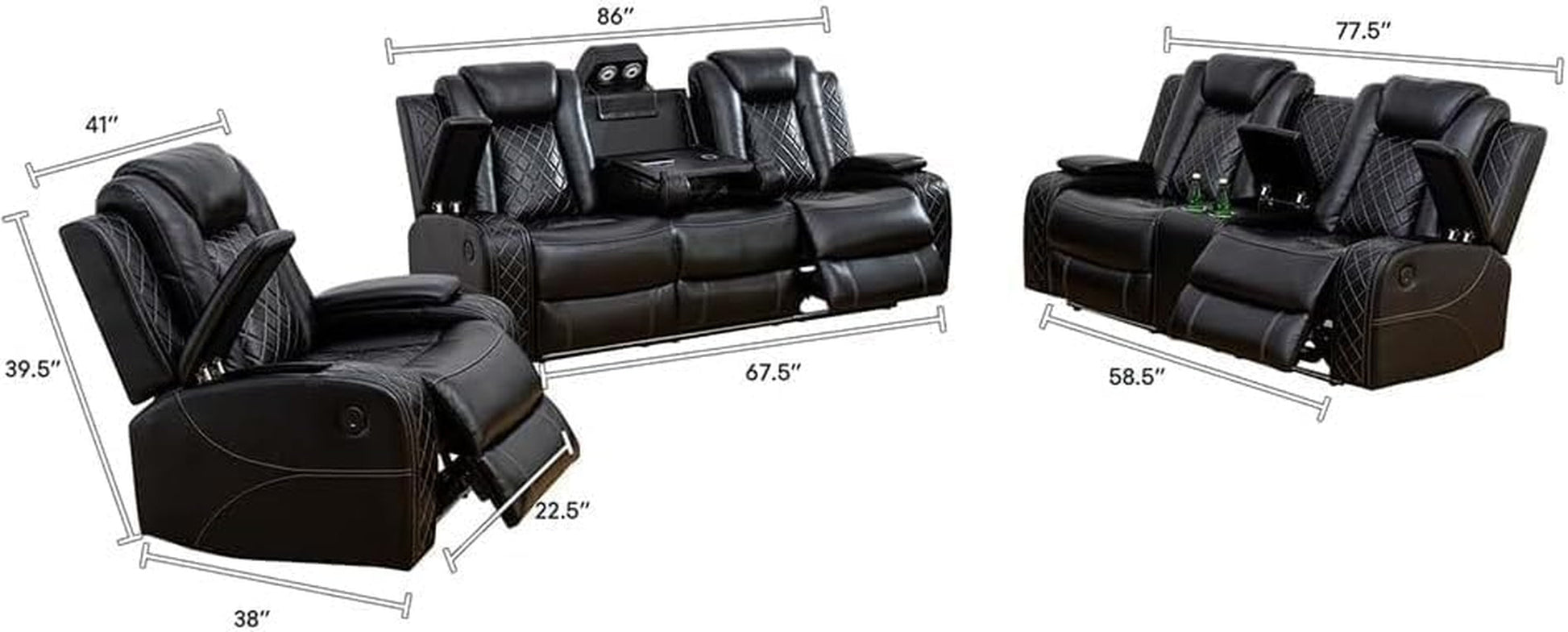 Multifunction Power Recliner Couch Set with LED Light, Storage Console, Cup Holders, USB Charging Port (3Piece, Black)-1
