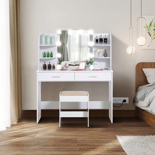 Large Vanity Set with Lighted Mirror, Charging Station (White)-0