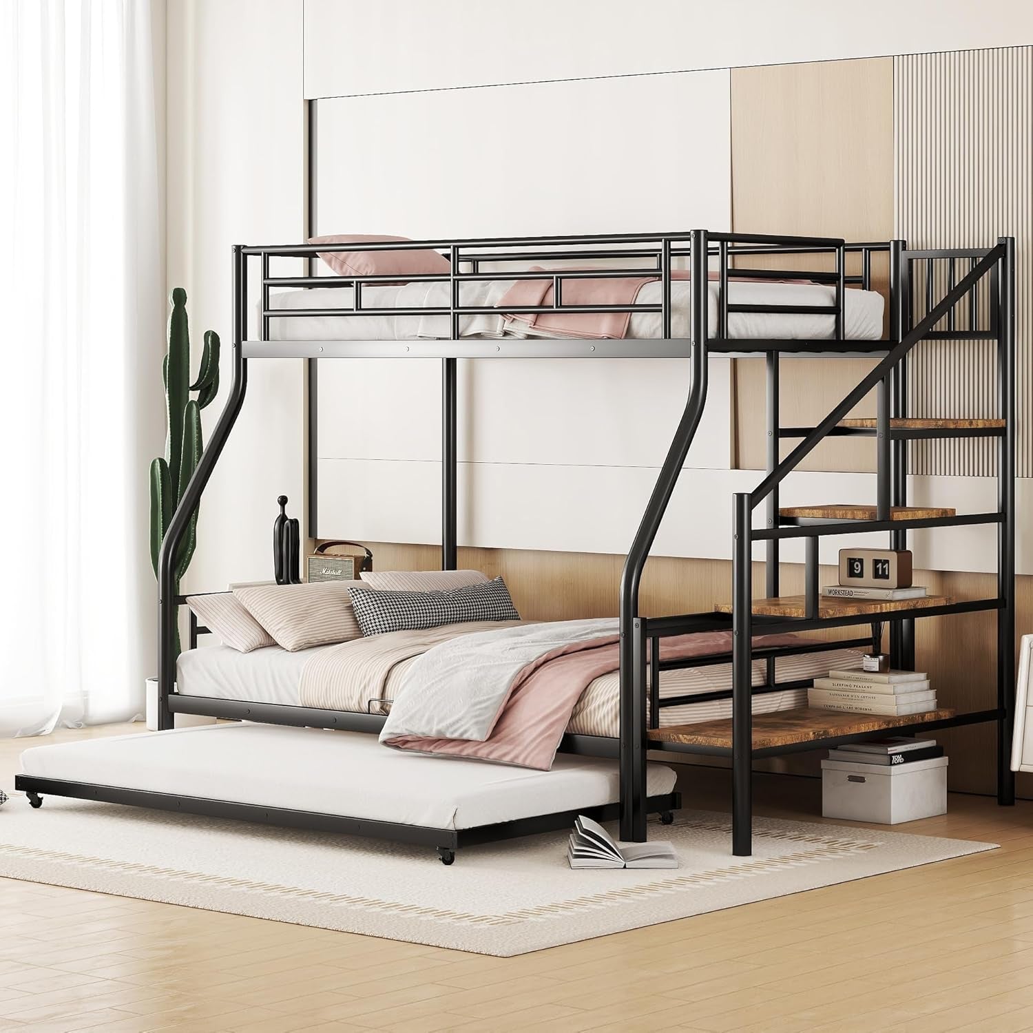 Twin over Full Metal Bunk Beds with Trundle,Heavy-Duty Metal Bunk Bed Frame with Storage Staircase for Kids,Teens,Adults,Space-Saving,Black-2