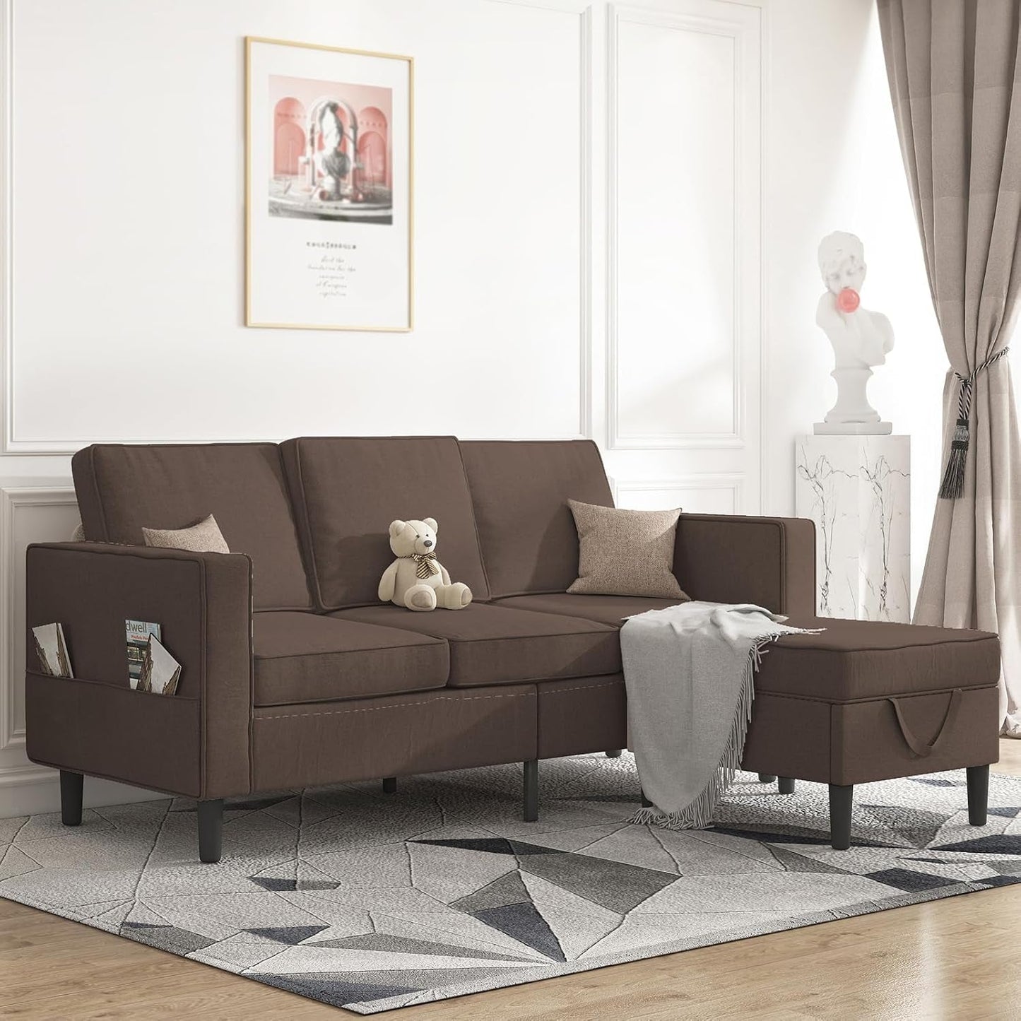 Sectional Sofa with Movable Storage Ottoman, L Shaped Sofa Couches for Living Room Furniture Set with Side Pockets, Modern Sofas Easy Assembl/Free Combination - Brown-0