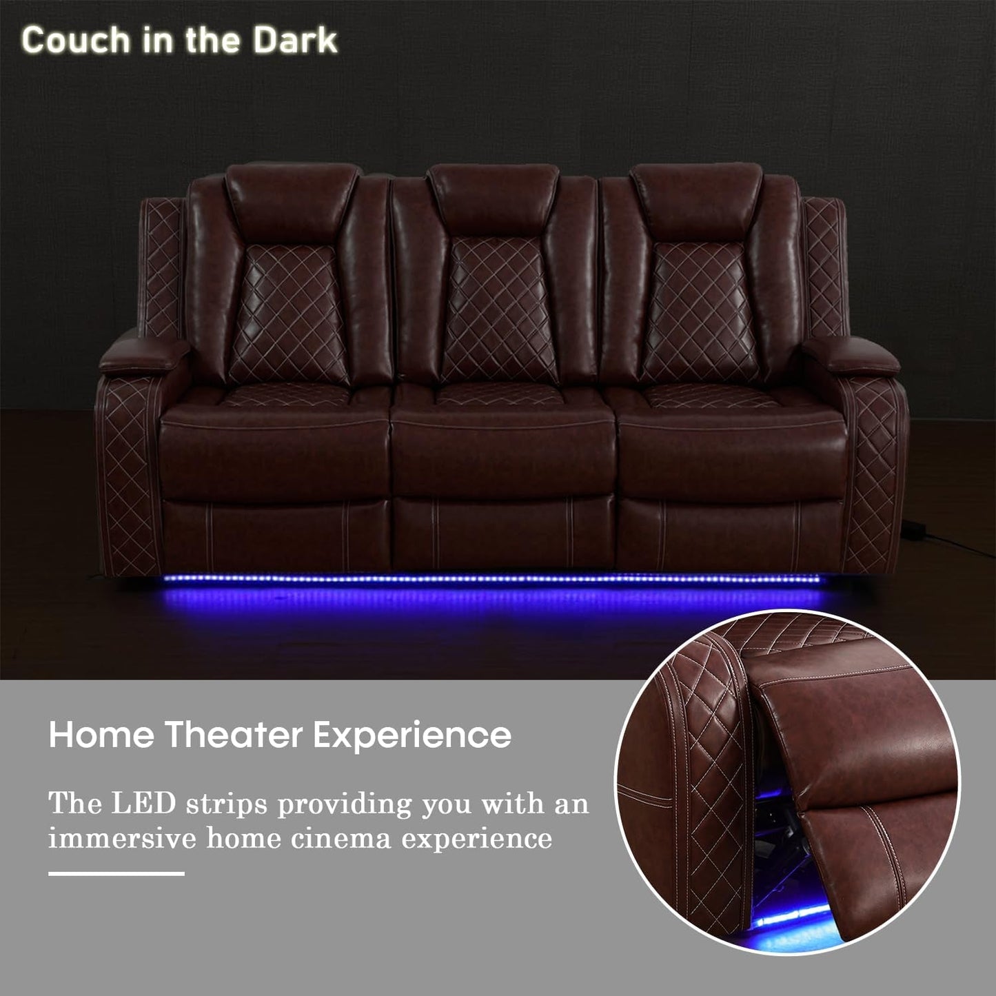 Power Recliner Sofa Set with LED Lights,Leather Reclining Sofa with USB Port/Wireless Charger/Storage Console/Cup Holder,Living Room Furniture for House/Home Theater(3 Piece Set,Wine Red)-4